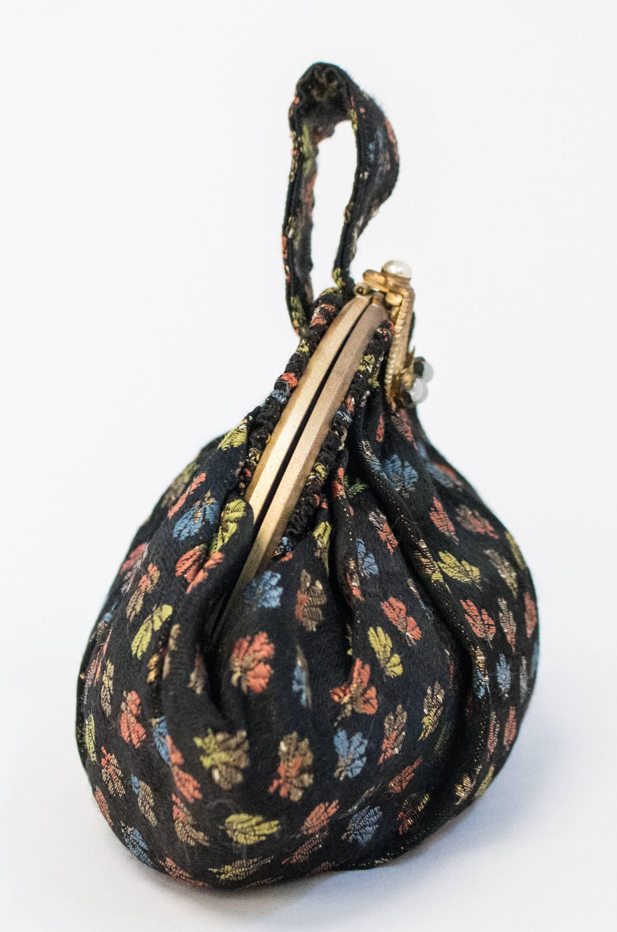 Women's 30s Black Brocade Handbag w/ Metallic Threads