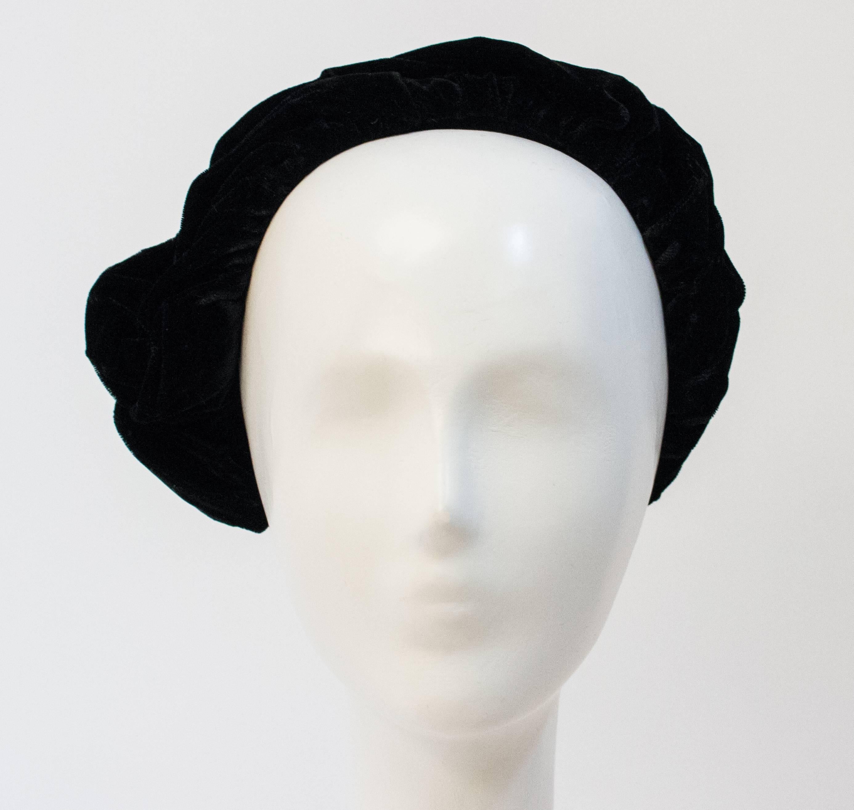 50s Ruched Velvet Hat w/ Rhinestone Detail. Asymmetrical.  