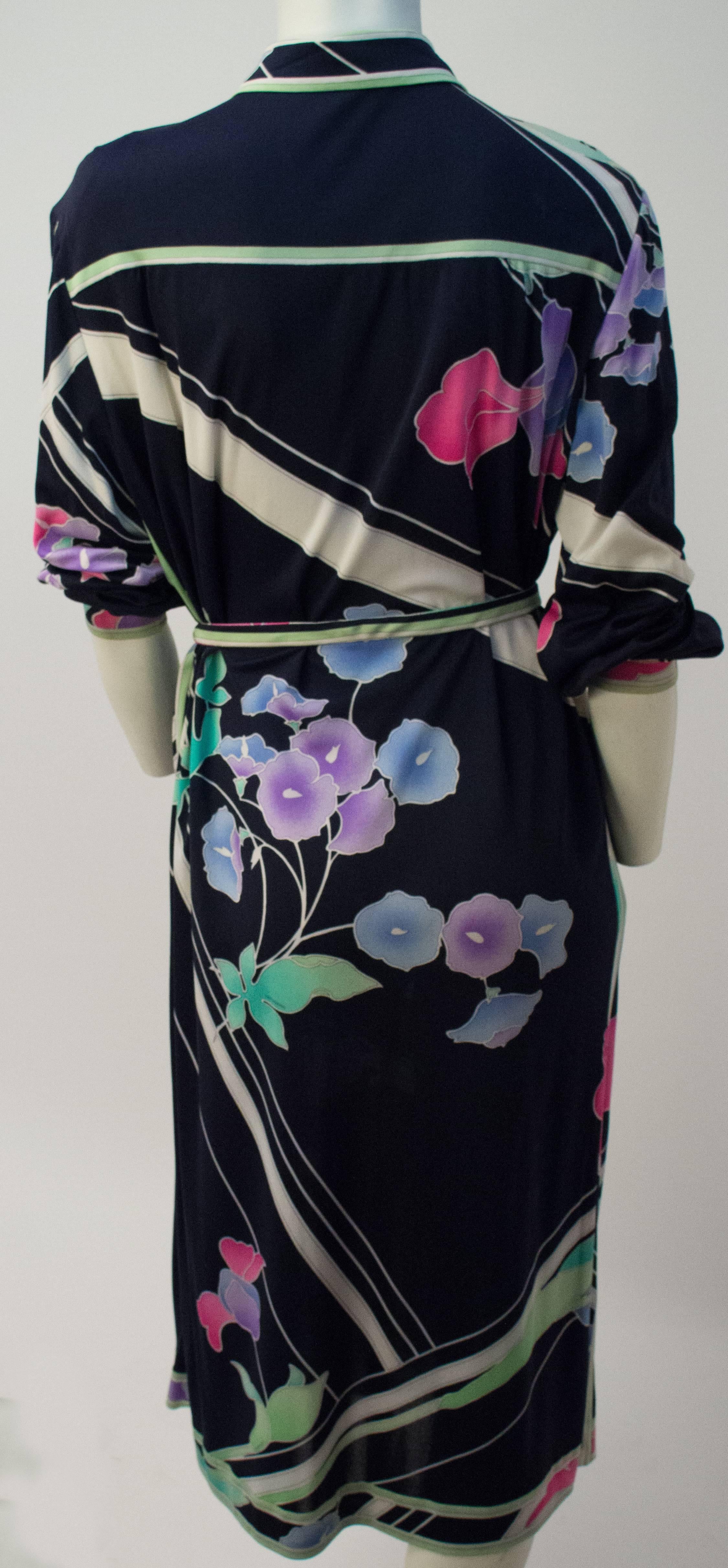 80s Leonard Print Silk Jersey Dress. Original belt included. 