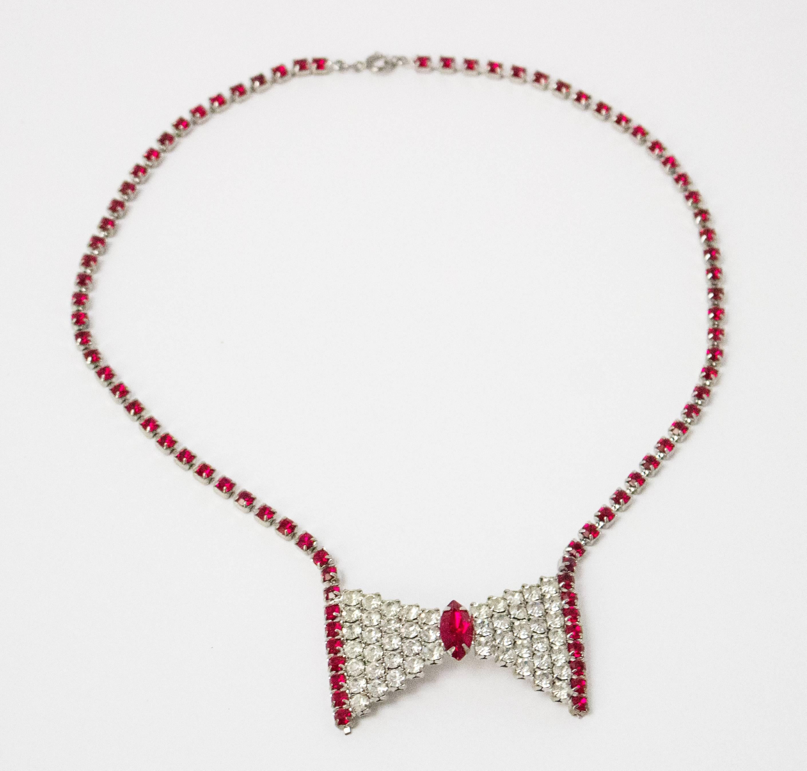 50s Red Rhinestone Bow Necklace. 