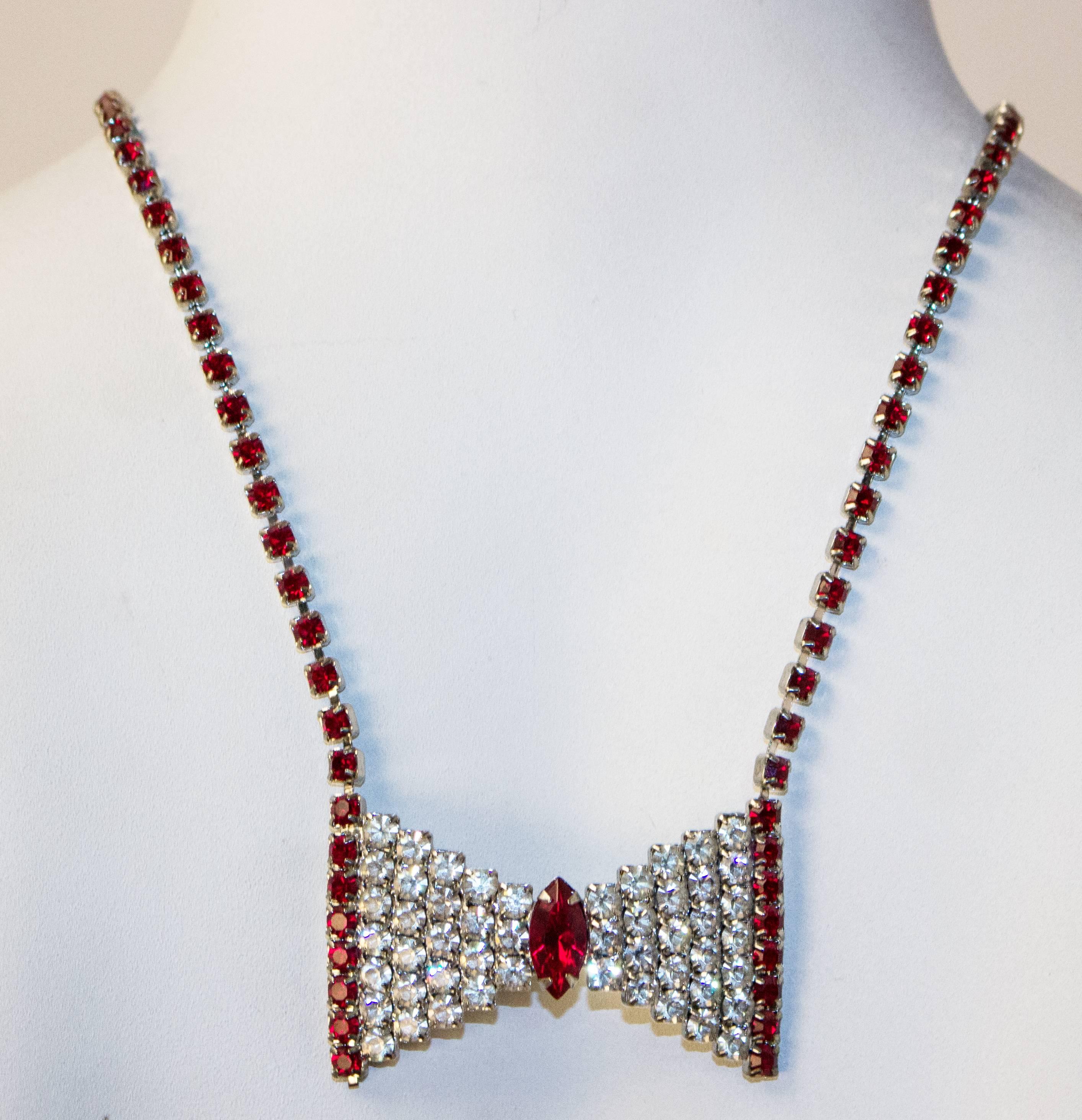 50s Red Rhinestone Bow Necklace In Excellent Condition In San Francisco, CA
