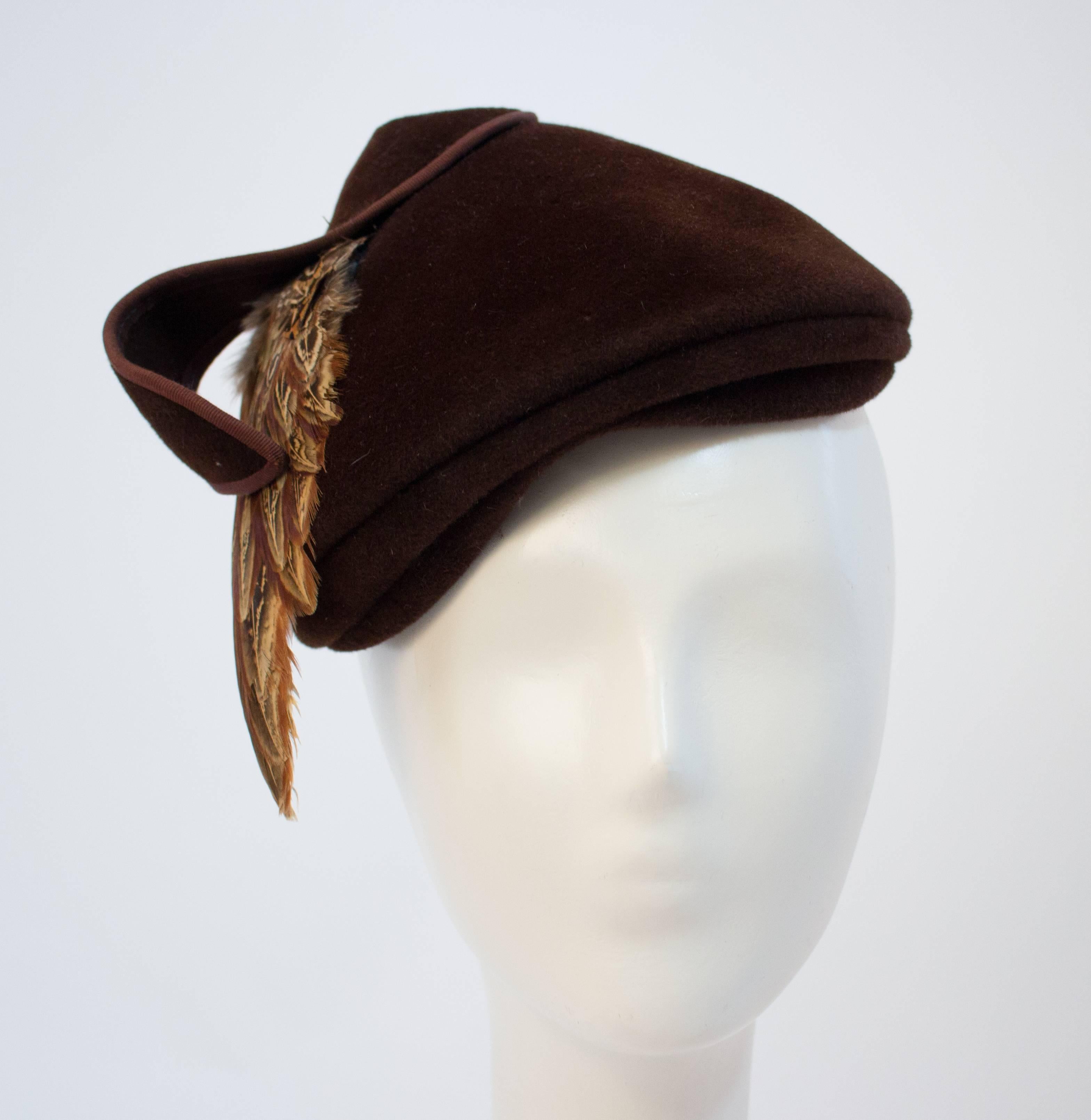 Black 1930s Chocolate Brown Velvet Hat with Feather Accent