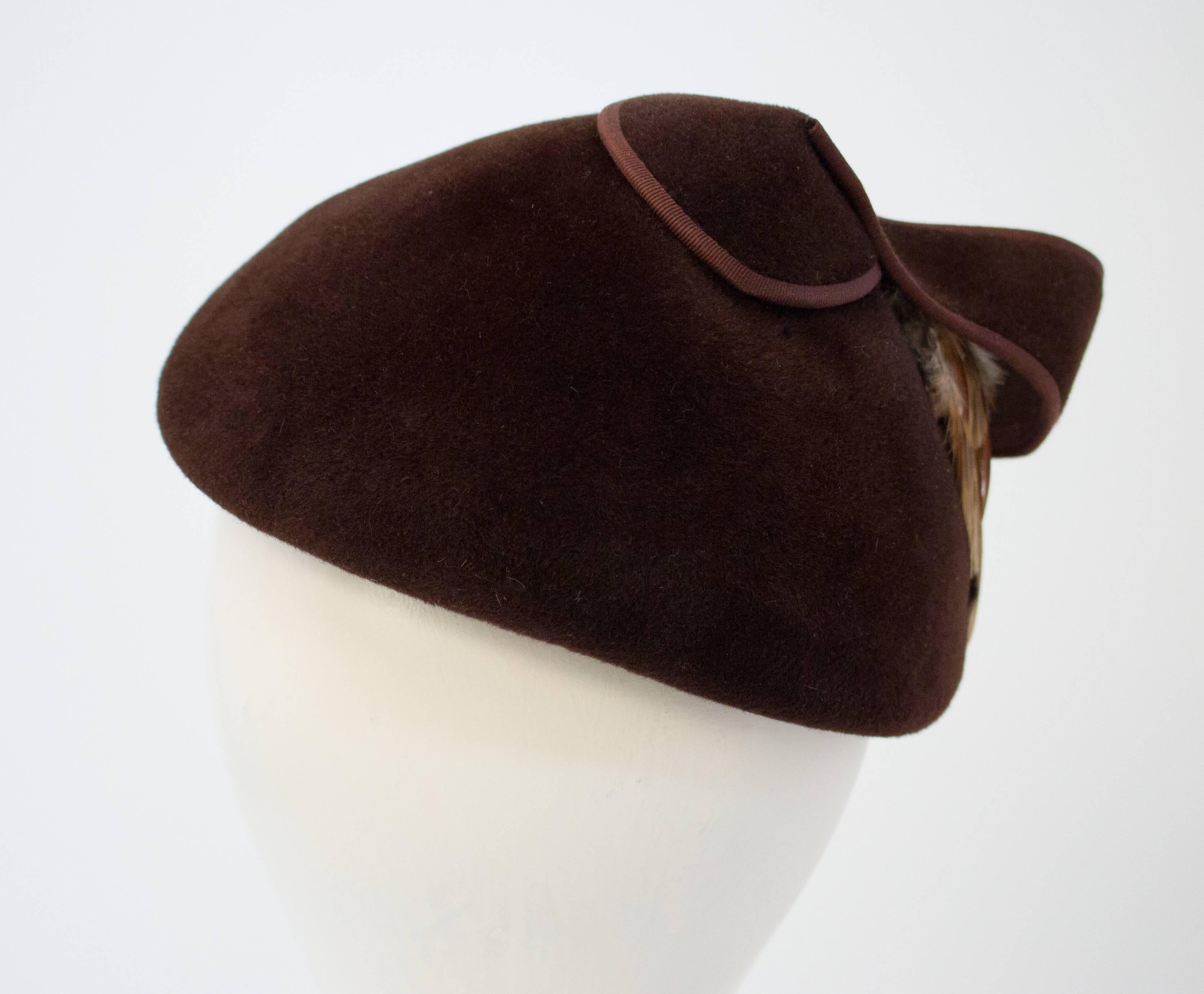 1930s Chocolate Brown Velvet Hat with Feather Accent In Good Condition In San Francisco, CA