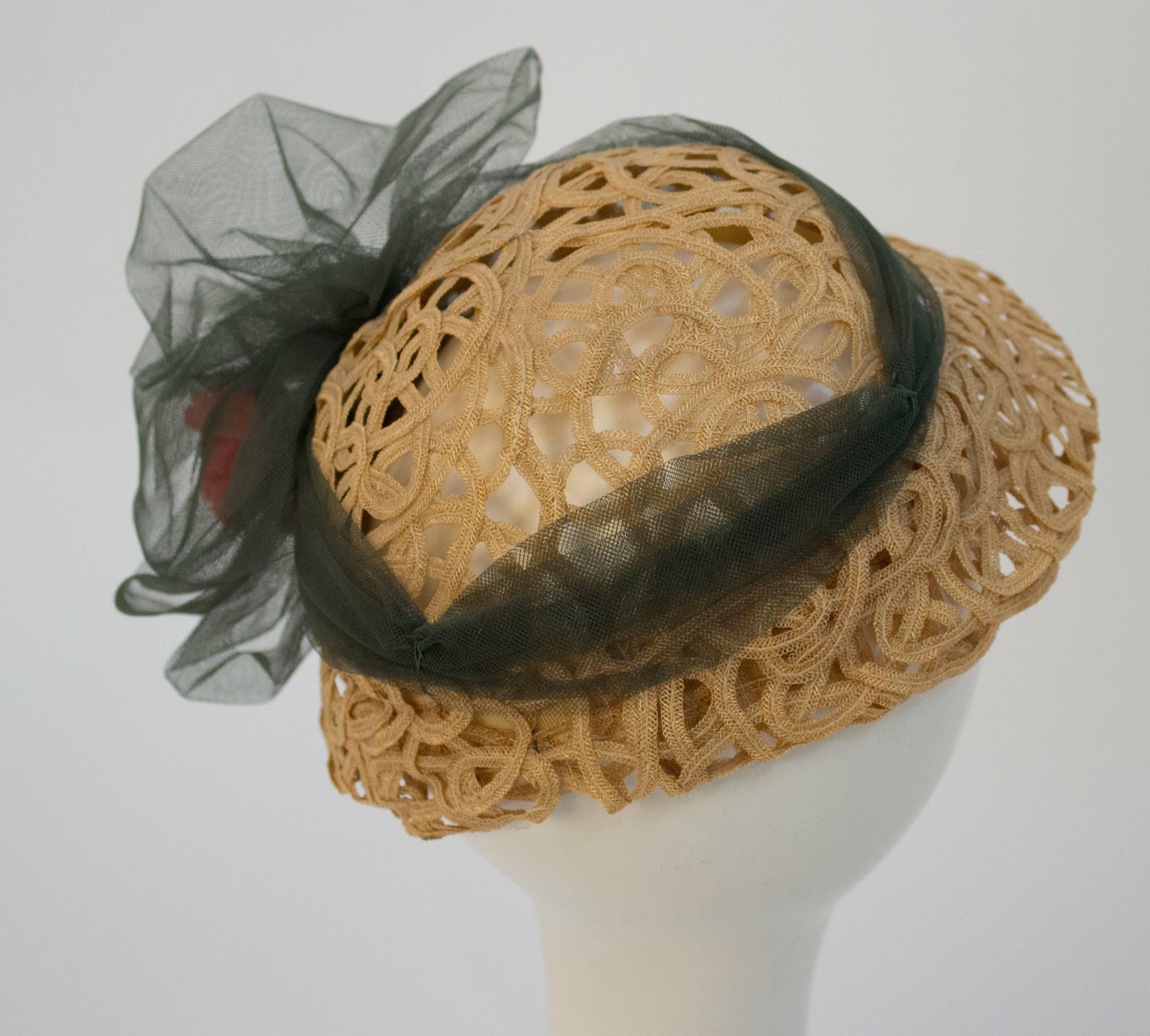 Women's 30s Straw Ribbon Hat with Tulle Band
