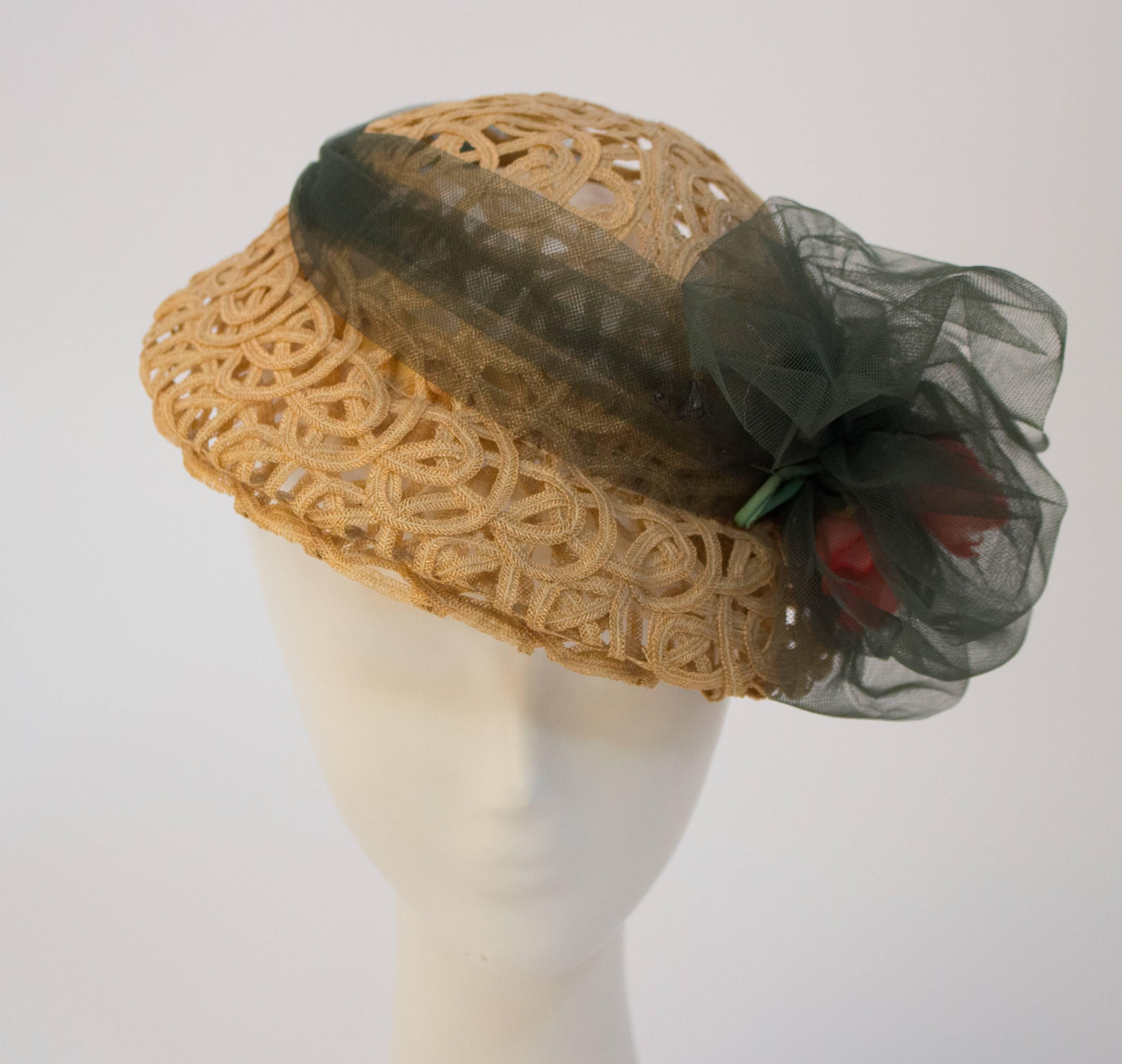 30s Straw Ribbon Hat with Tulle Band 1