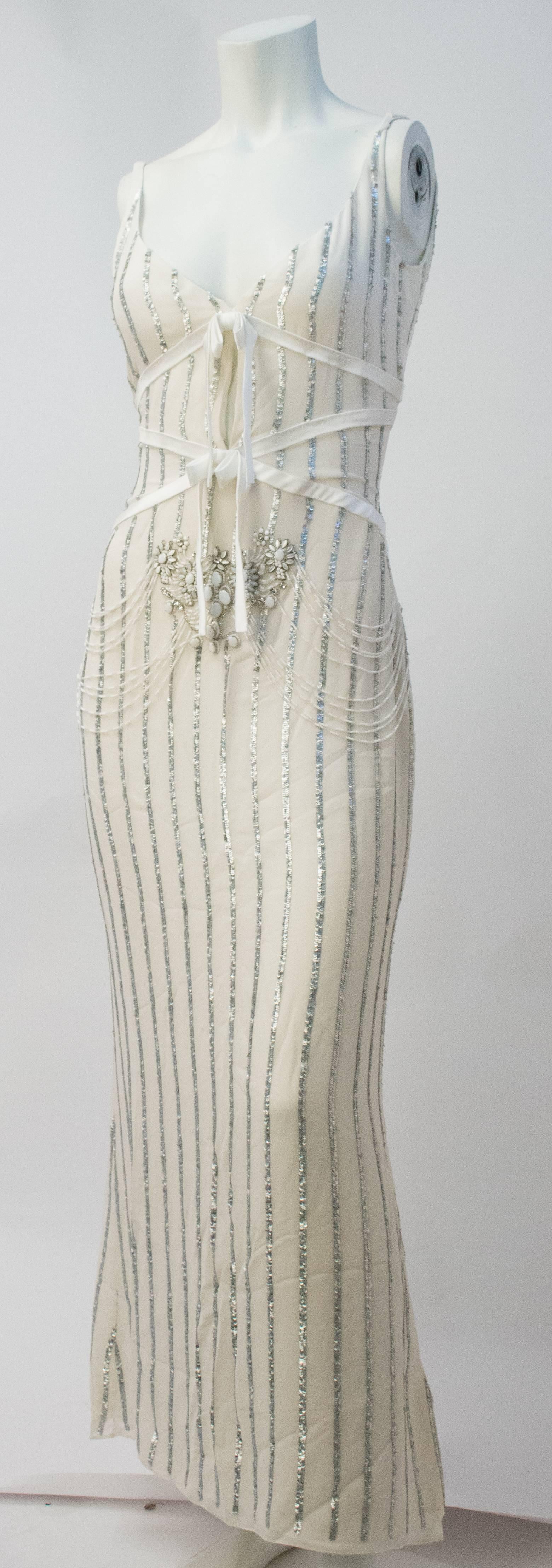 90s Badgley Mischka Cream Silk Chiffon Embellished Gown In Good Condition In San Francisco, CA