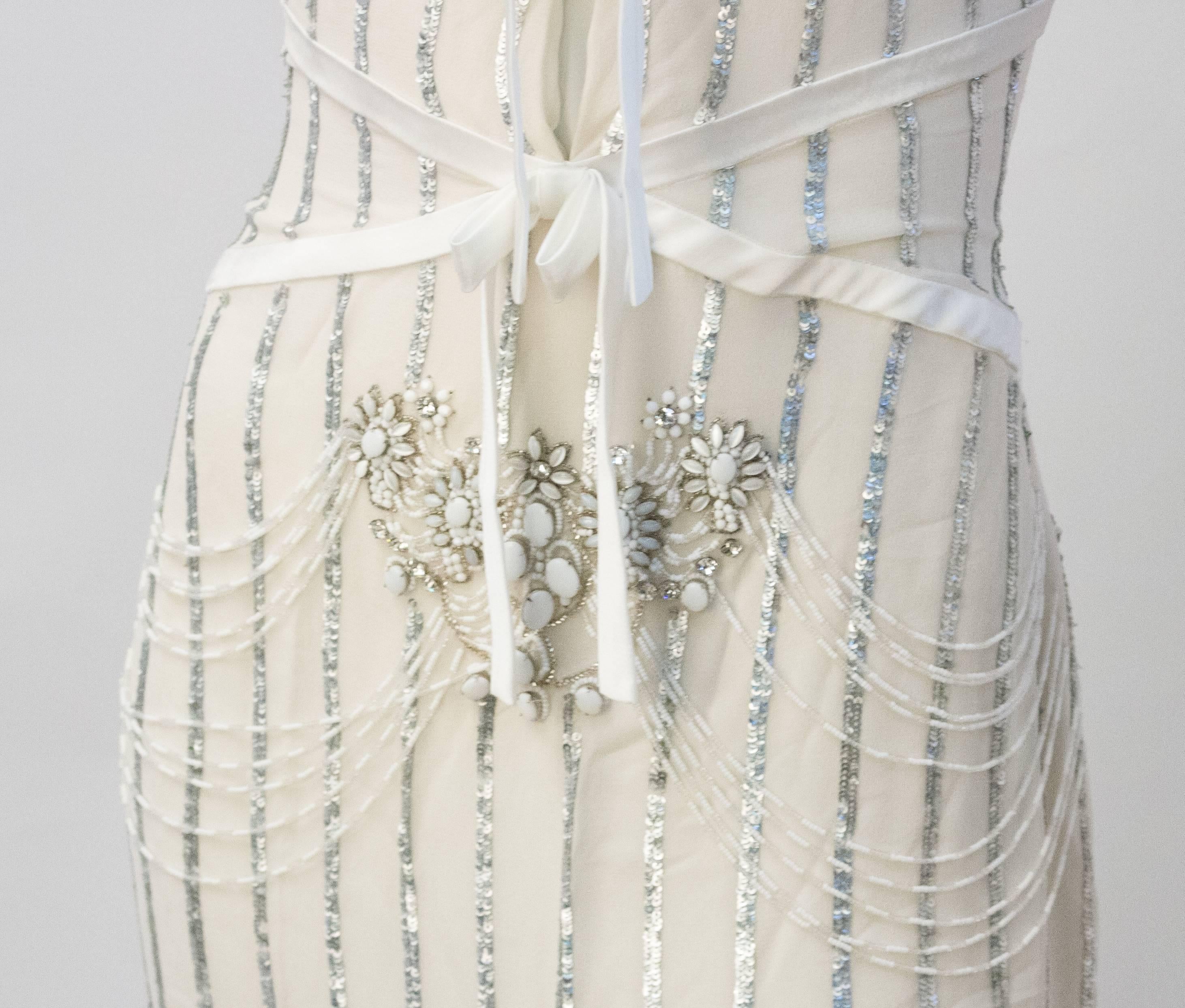 Women's 90s Badgley Mischka Cream Silk Chiffon Embellished Gown