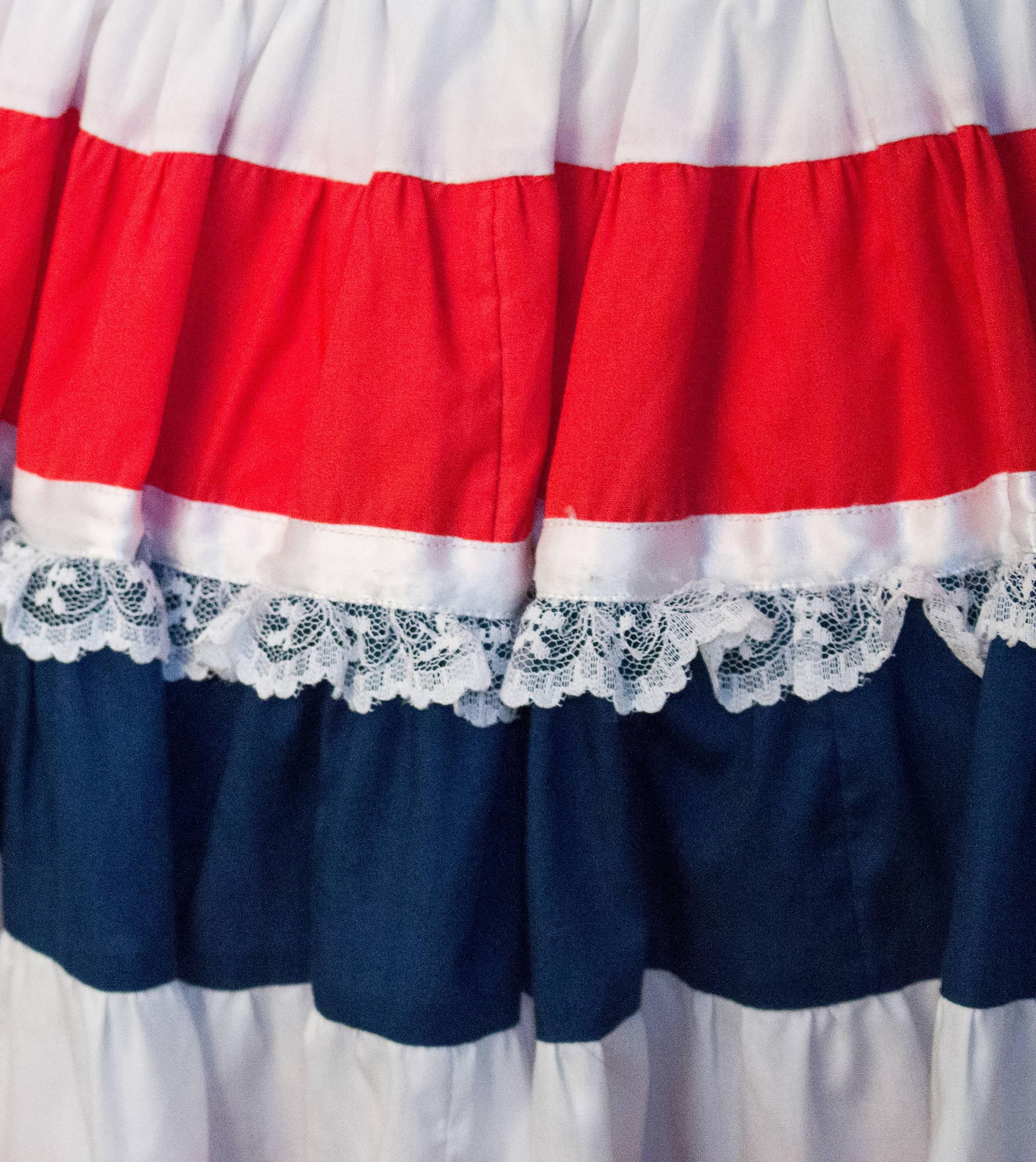 Gray 60s Red White and Blue Ruffle Skirt with Lace Trim