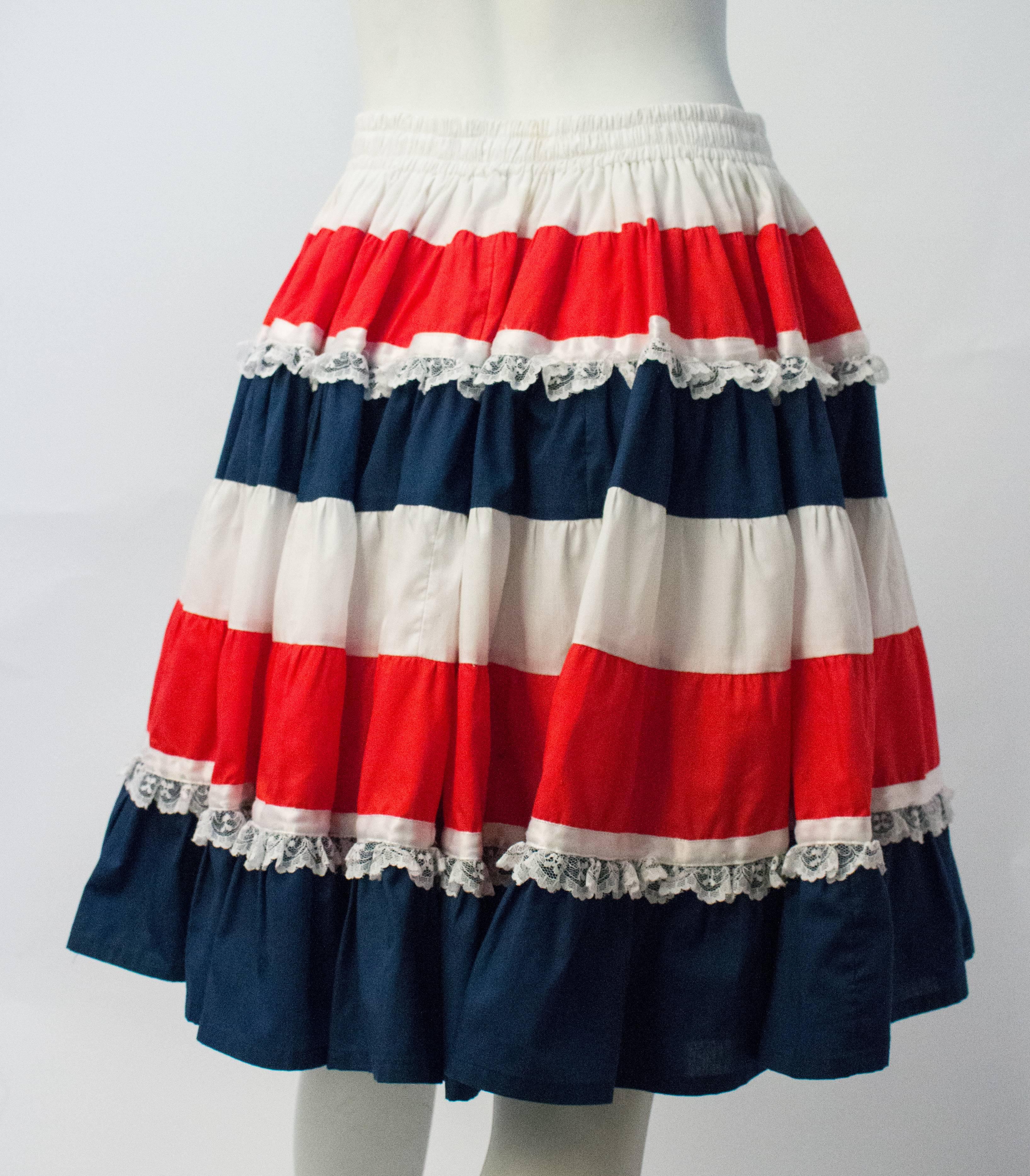 60s Red White and Blue Ruffle Skirt with Lace Trim In Excellent Condition In San Francisco, CA