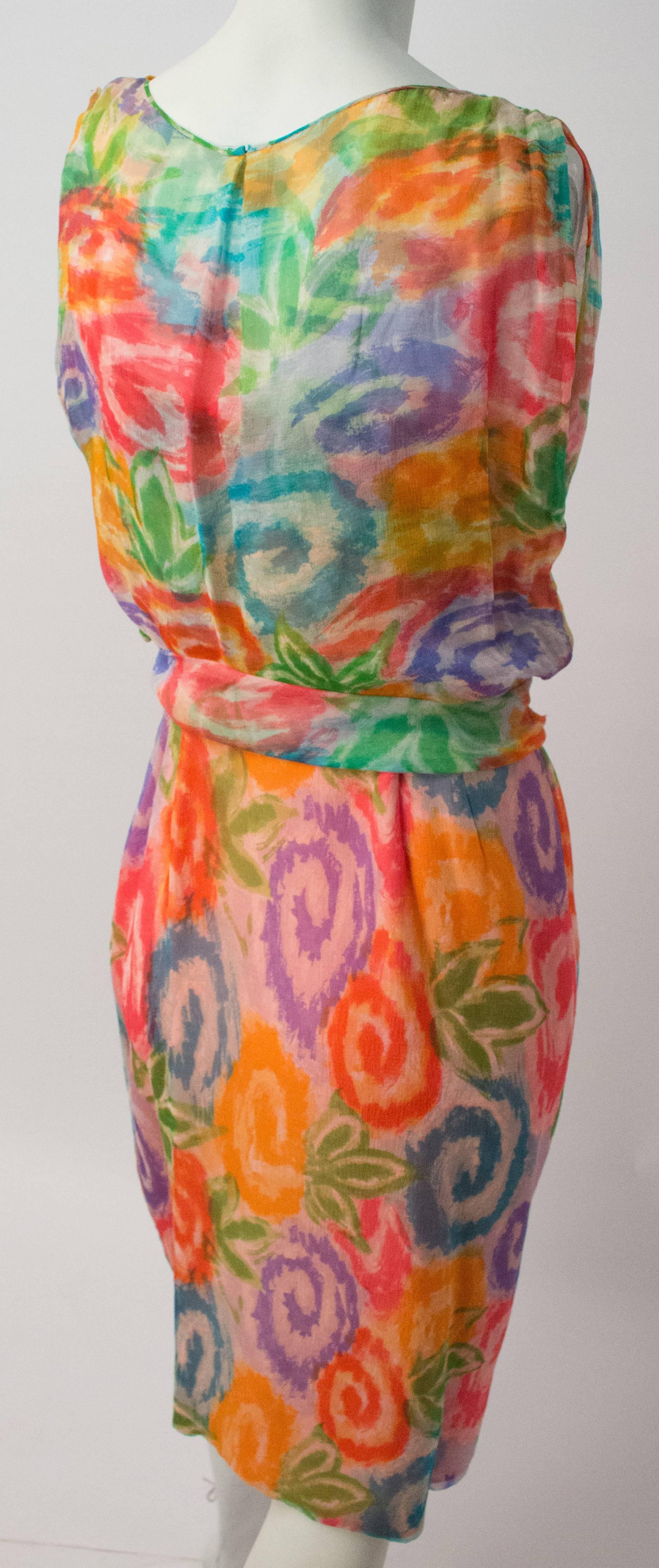 60s Painterly Swirl Floral Silk Chiffon Blouson Dress 