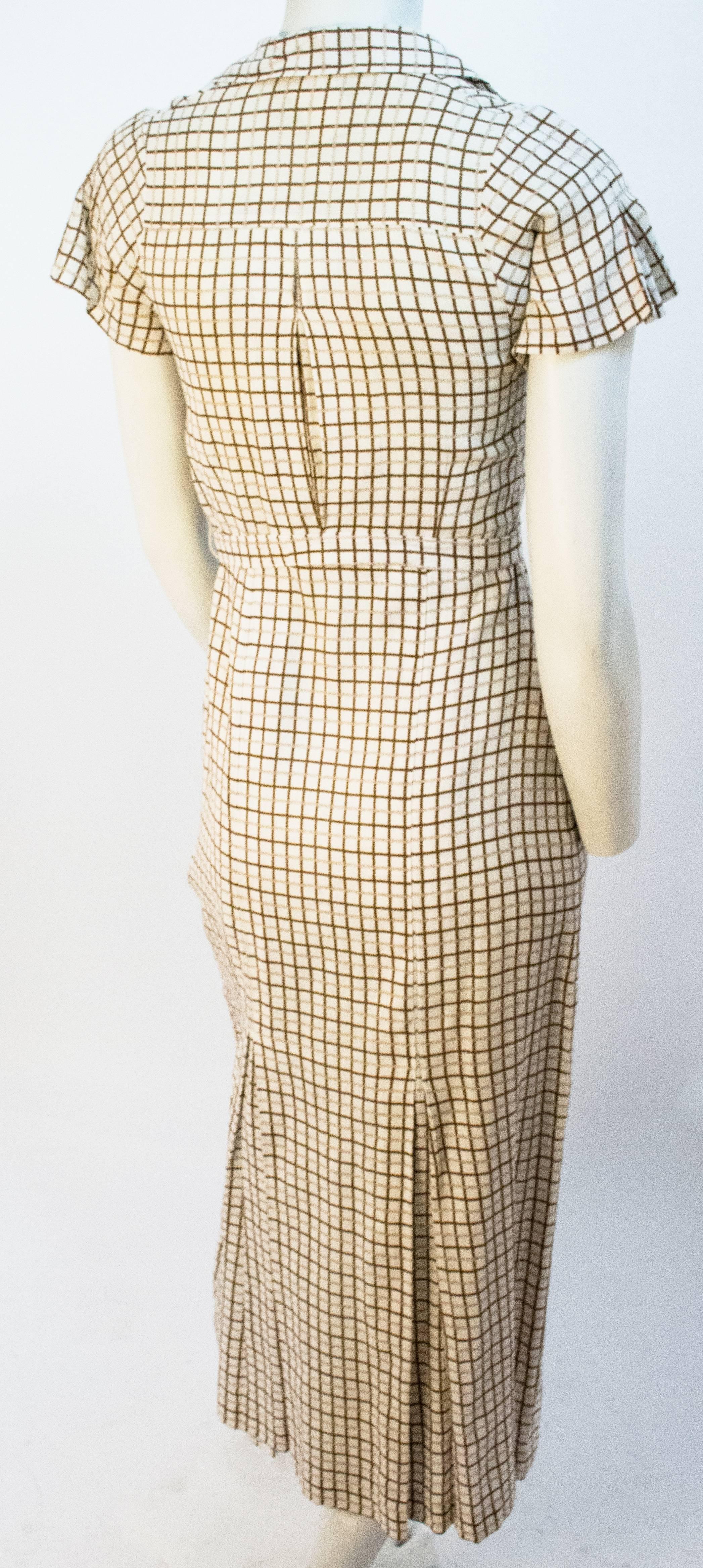 Beige 40s Plaid Cotton Day Dress with Matching Belt