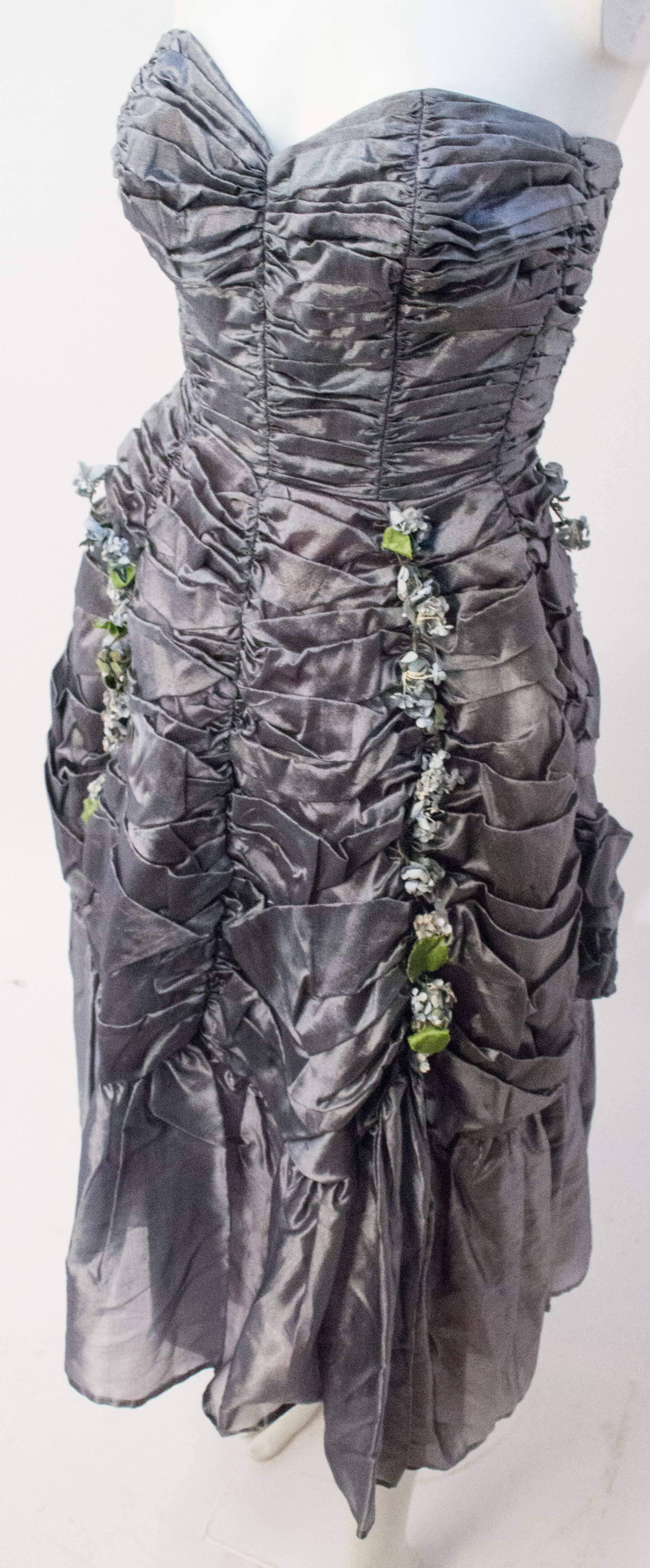 50s Strapless Ruched Silver Taffeta Party Dress. Please see image with spot on bottom of dress.