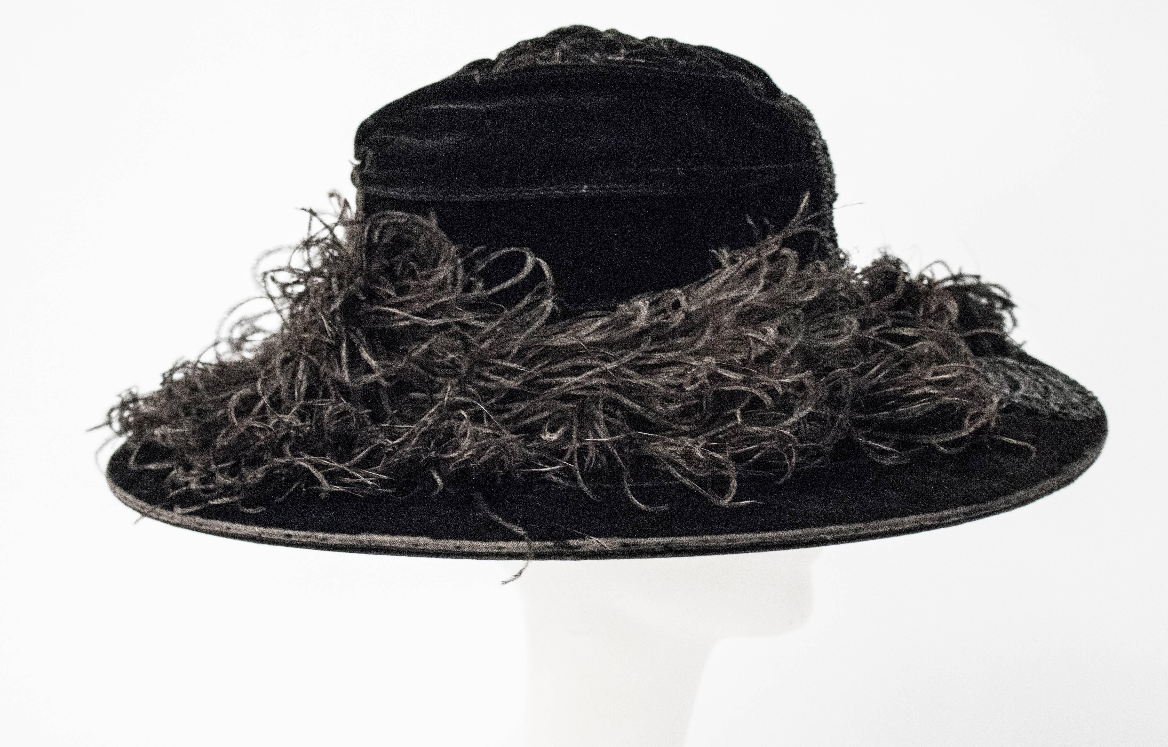 1900 Edwardian Black Velvet Hat with Marcasite Beading and Marabou Feathers In Good Condition In San Francisco, CA