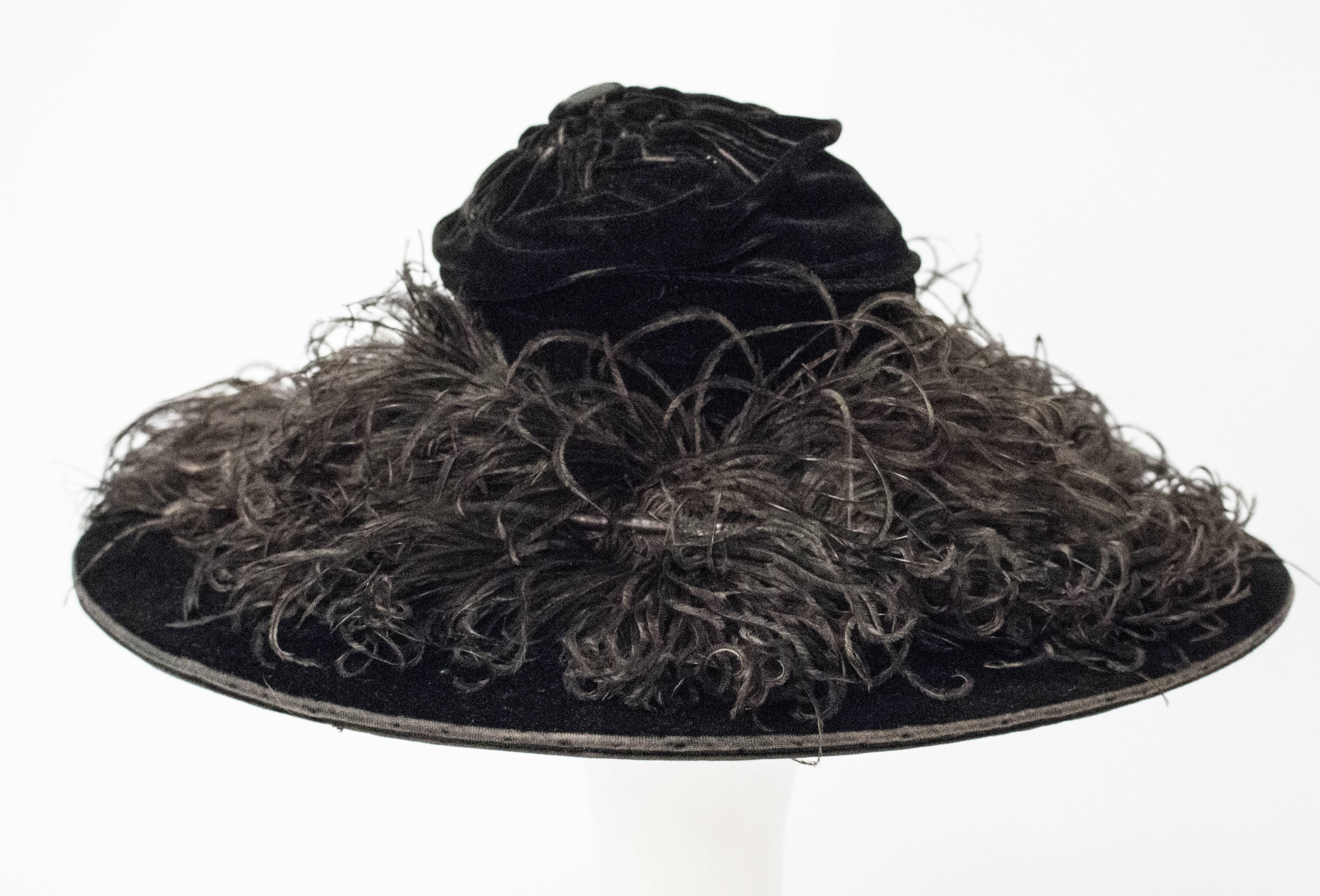 Women's 1900 Edwardian Black Velvet Hat with Marcasite Beading and Marabou Feathers