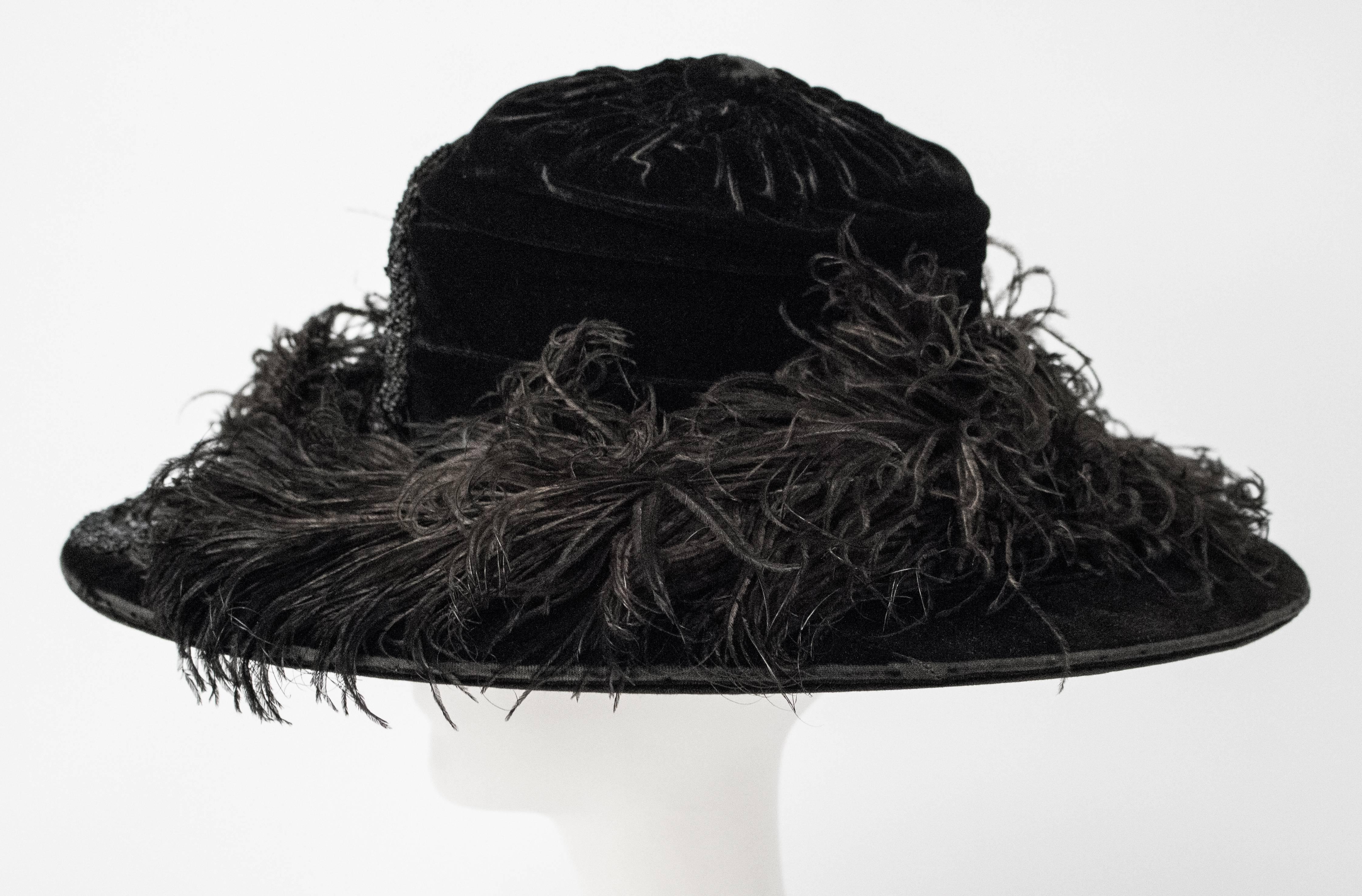 1900 Edwardian Black Velvet Hat with Marcasite Beading and Marabou Feathers 1