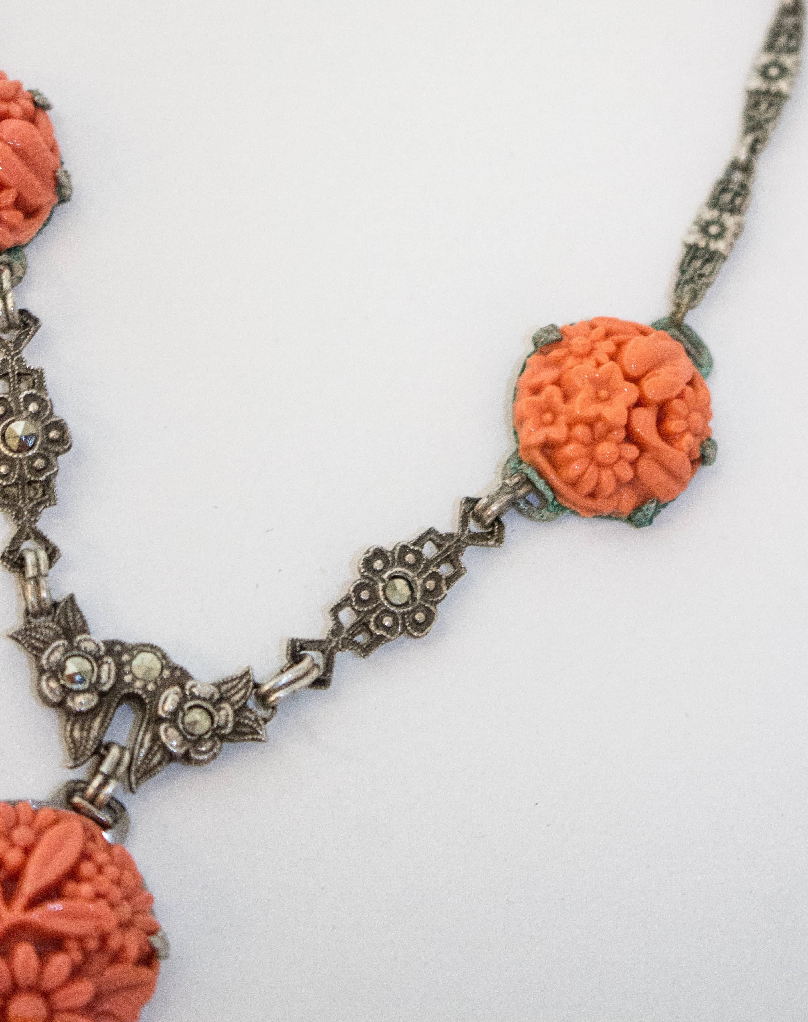 1930s Orange and Silver Necklace. Sterling silver hardware set with marcasites and orange floral motif Peking glass