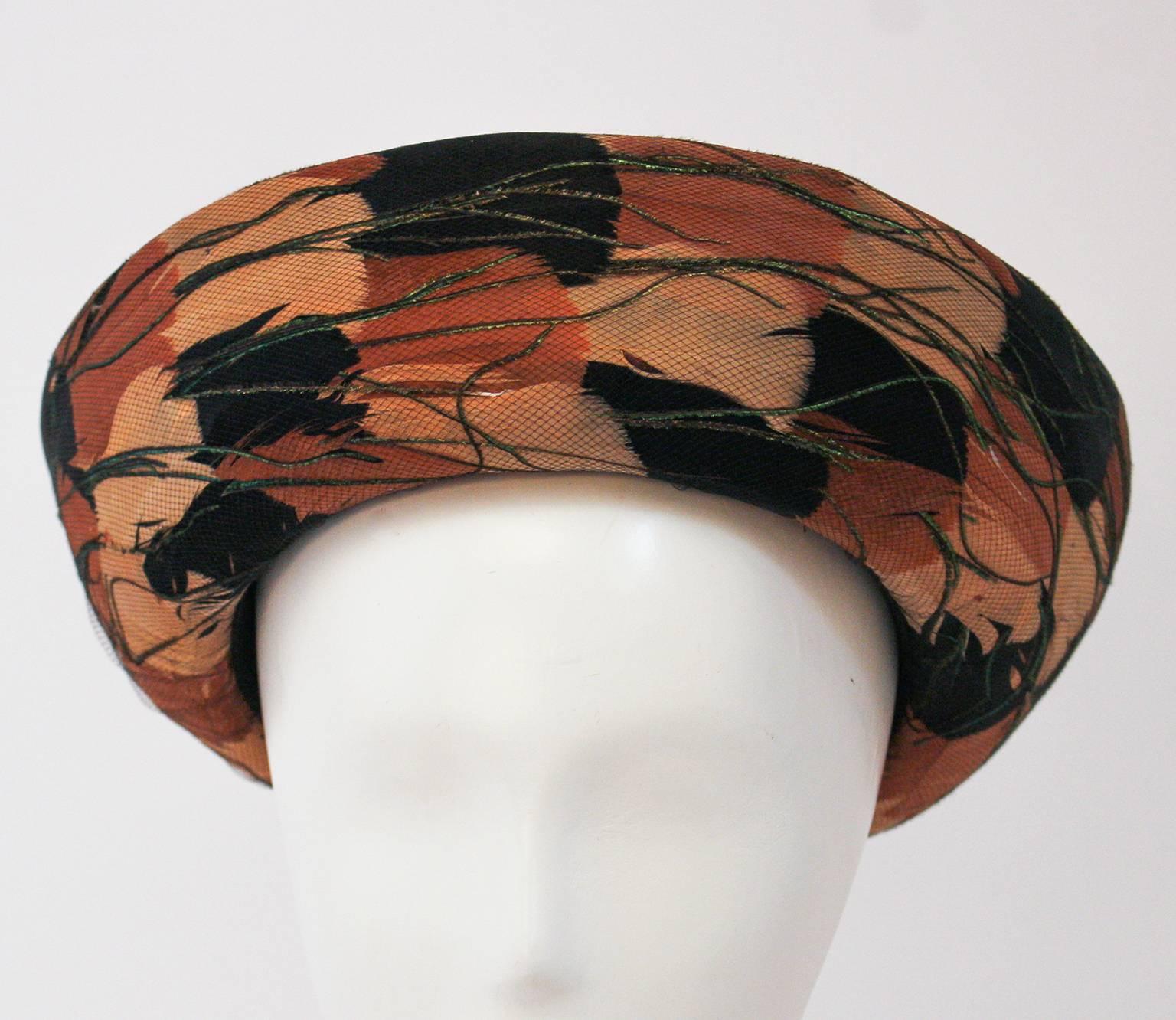 60s Orange and Black Feather Hat. Tulle overlay. Hand dyed feathers.