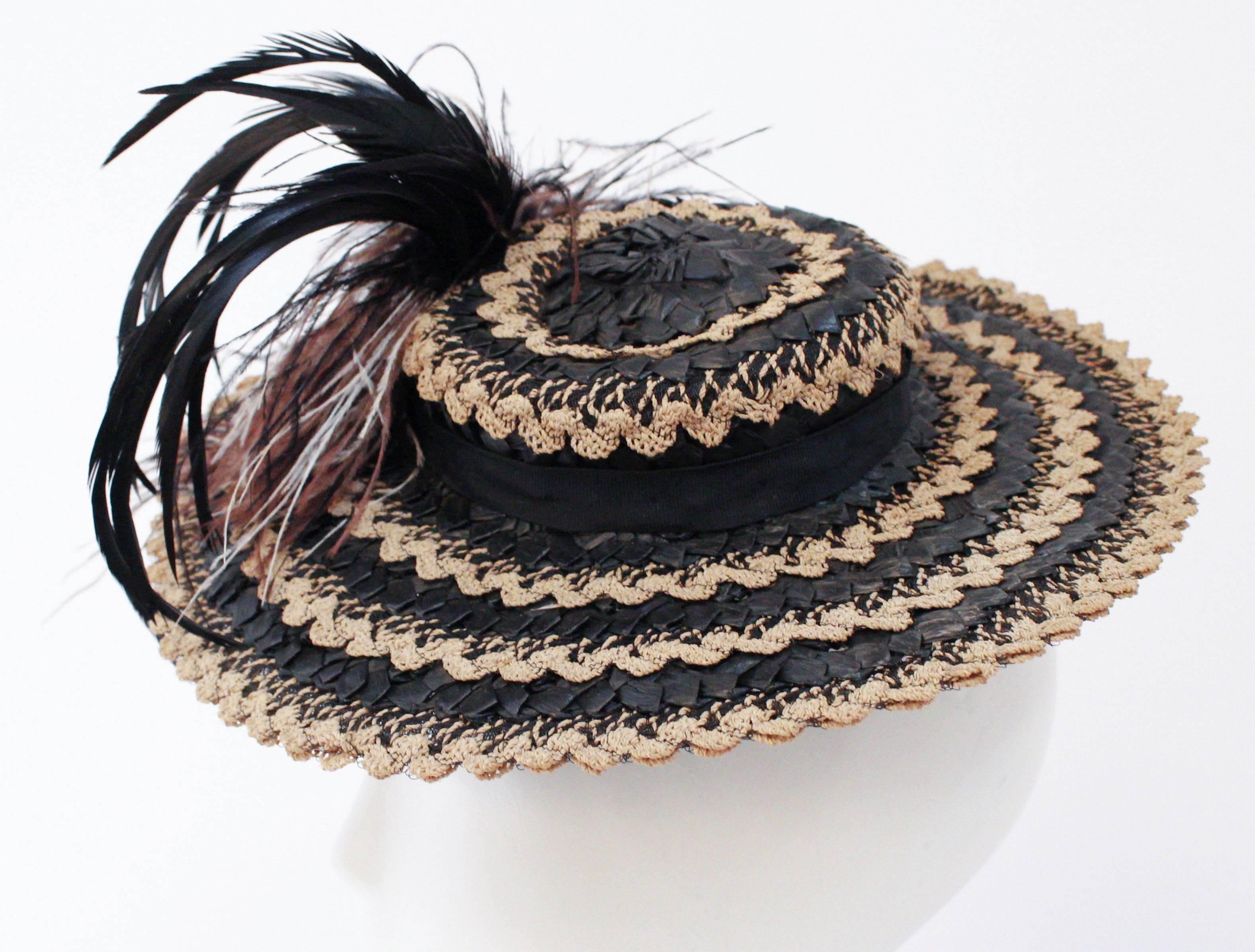 Black 40s Straw Toy Hat w/ Feathers For Sale