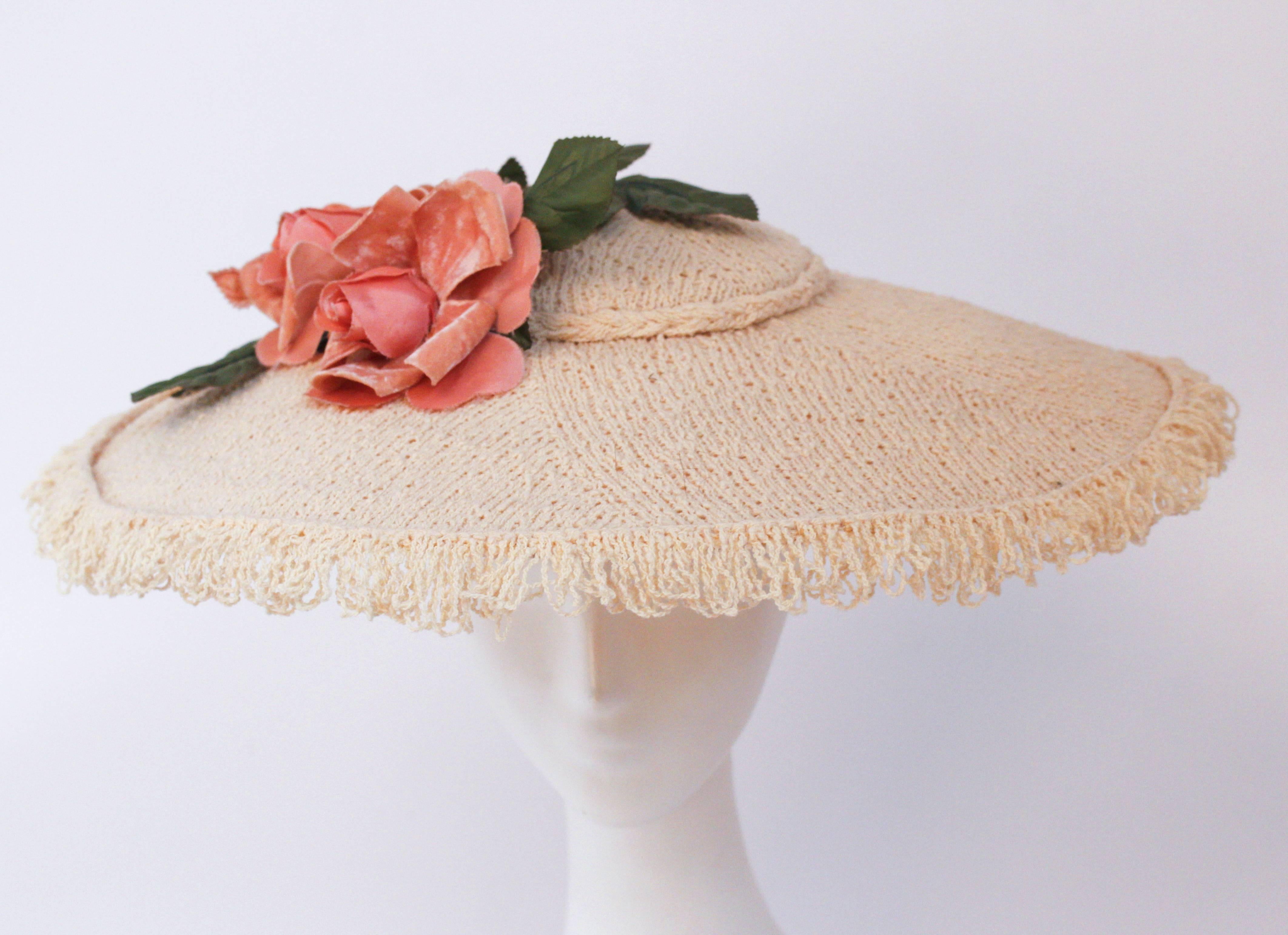 50s Wide Brim Hat w/ Roses. 