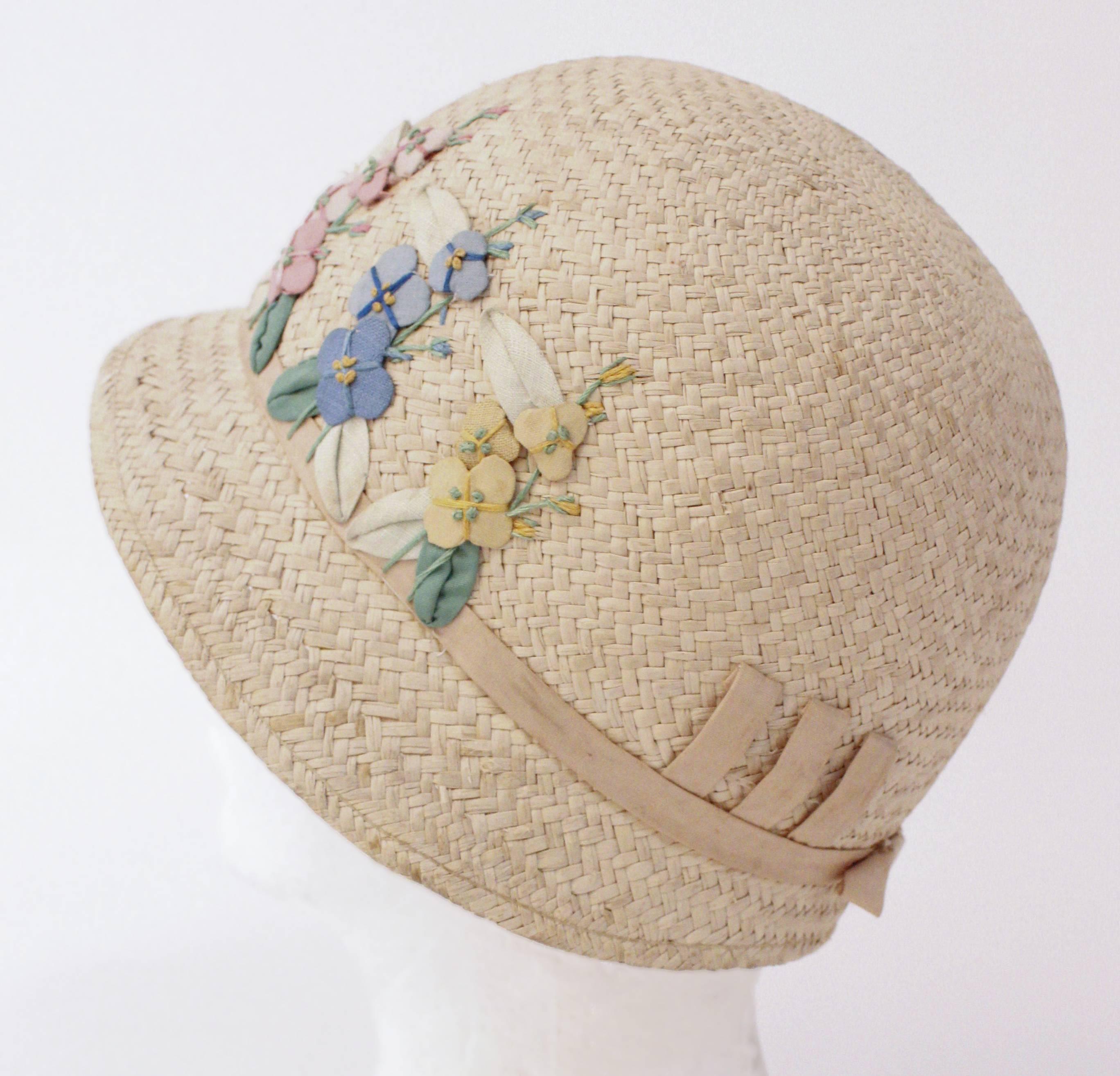20s Child's Straw Embroidered Floral Cloche. Hand embellished. Very small.