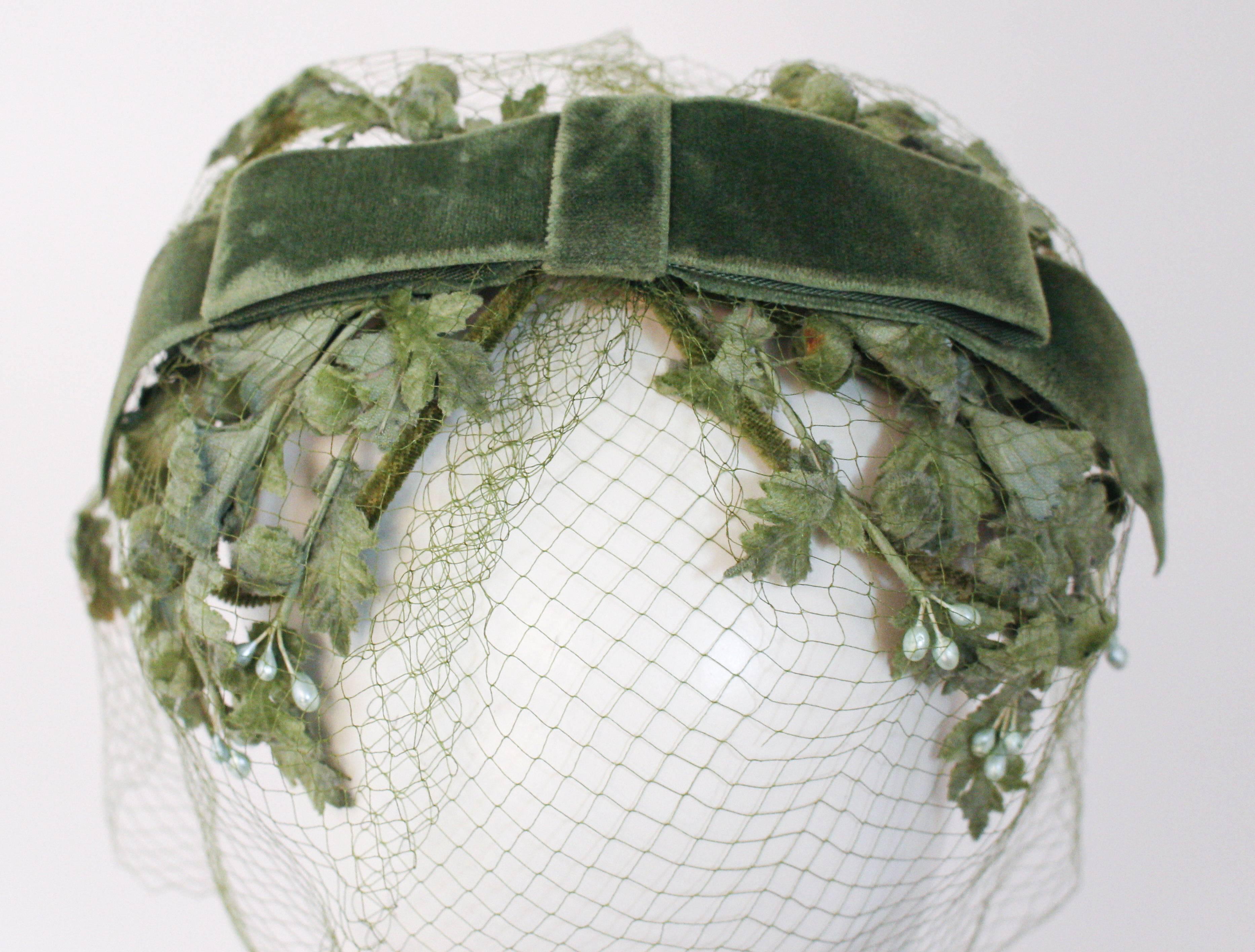 50s Green Floral Hat w/ Veil 1
