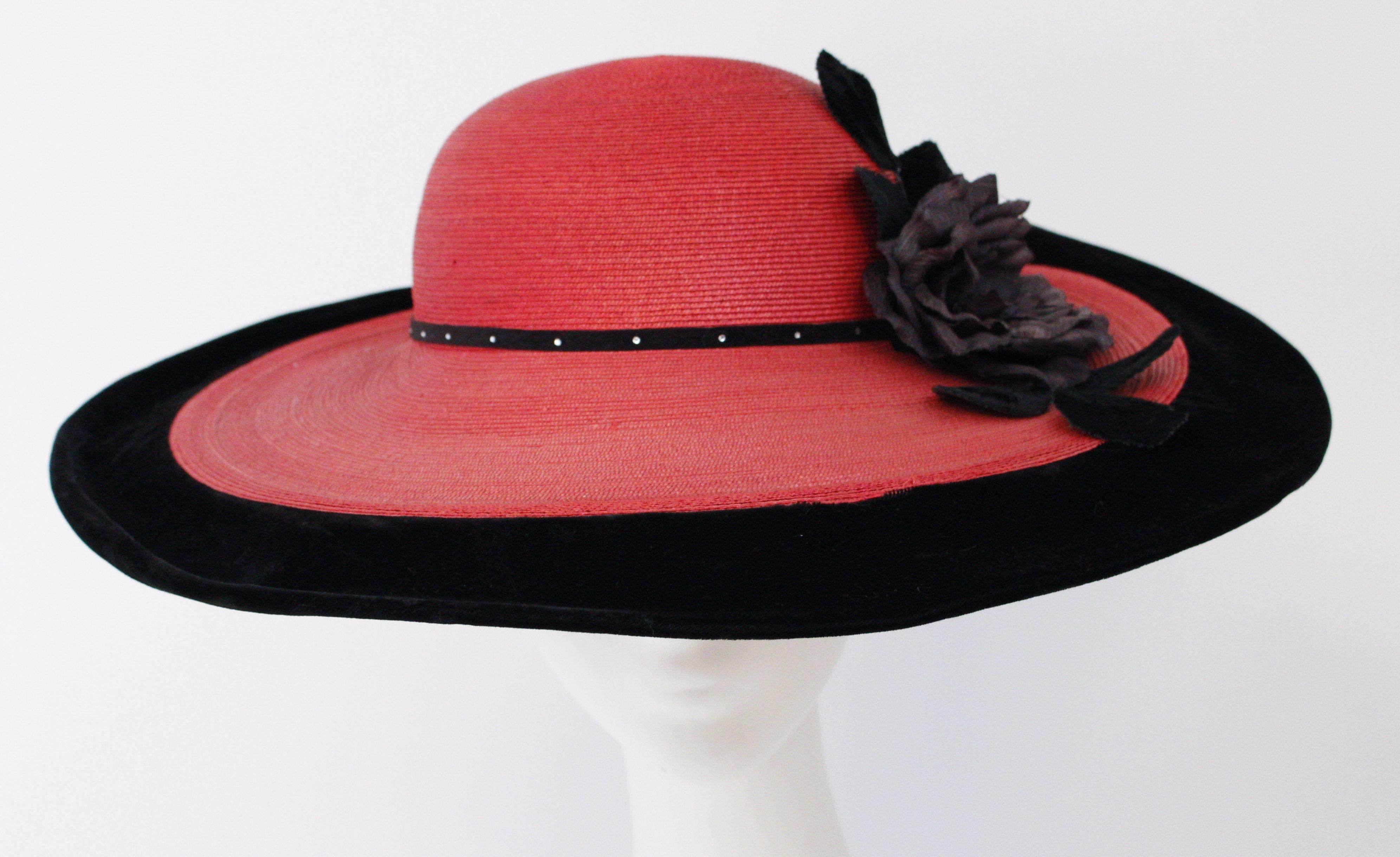 Black 1950s Red Wide Brim Hat w/ Velvet Detail