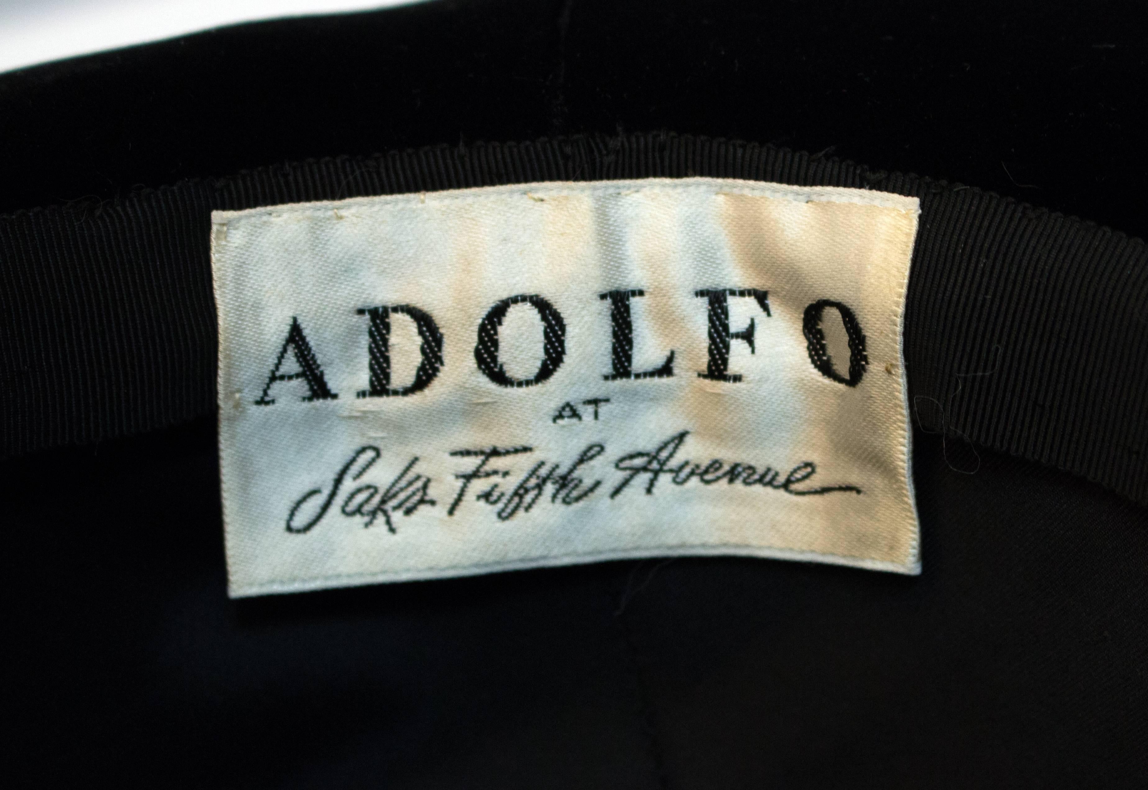 Women's 80s Adolfo for Saks 5th Black Velvet Picture Hat w/ Ostrich Plume For Sale
