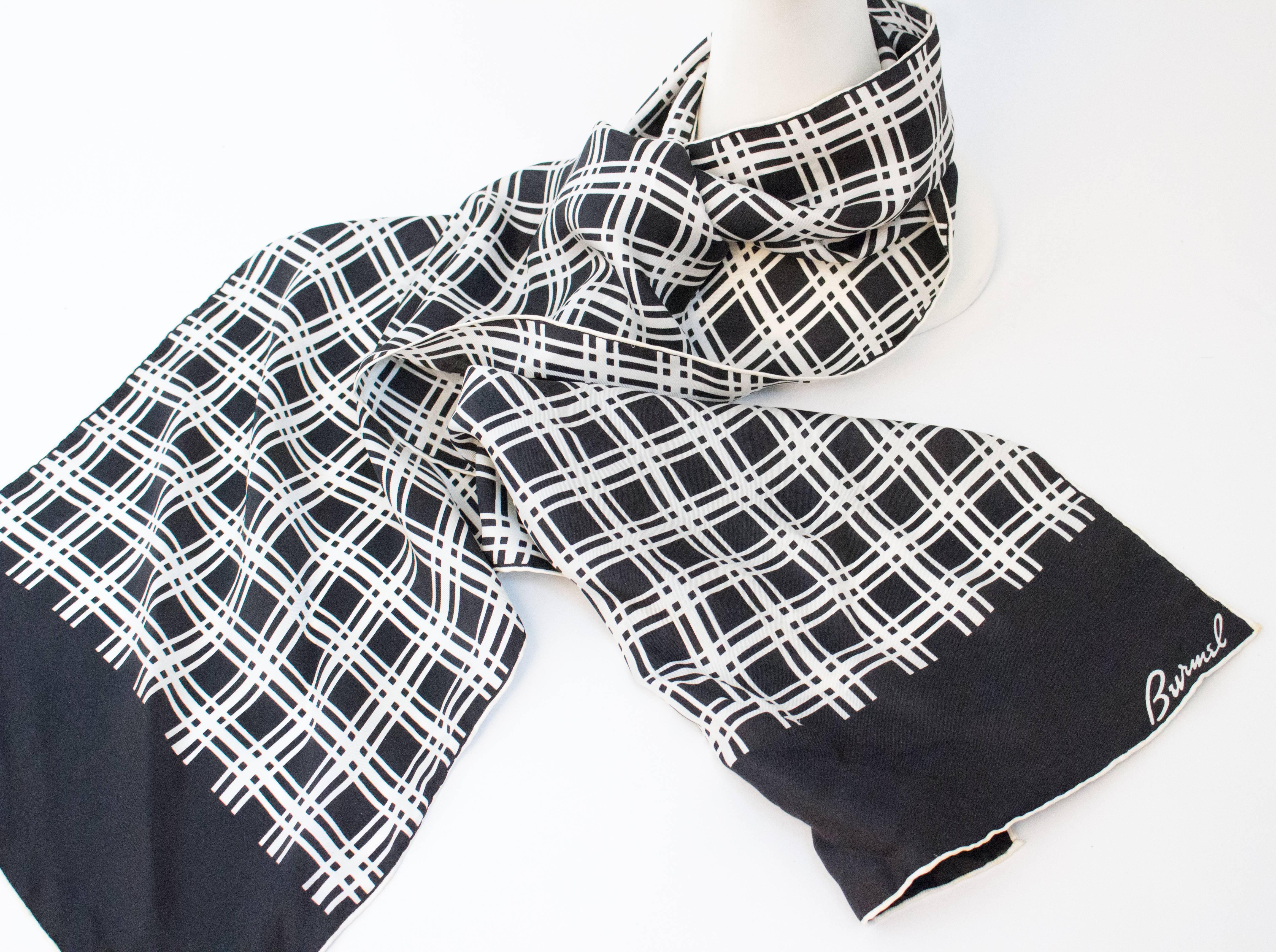 80s Burmel Black and White Plaid Scarf. 100% silk, hand rolled, made in Japan. 