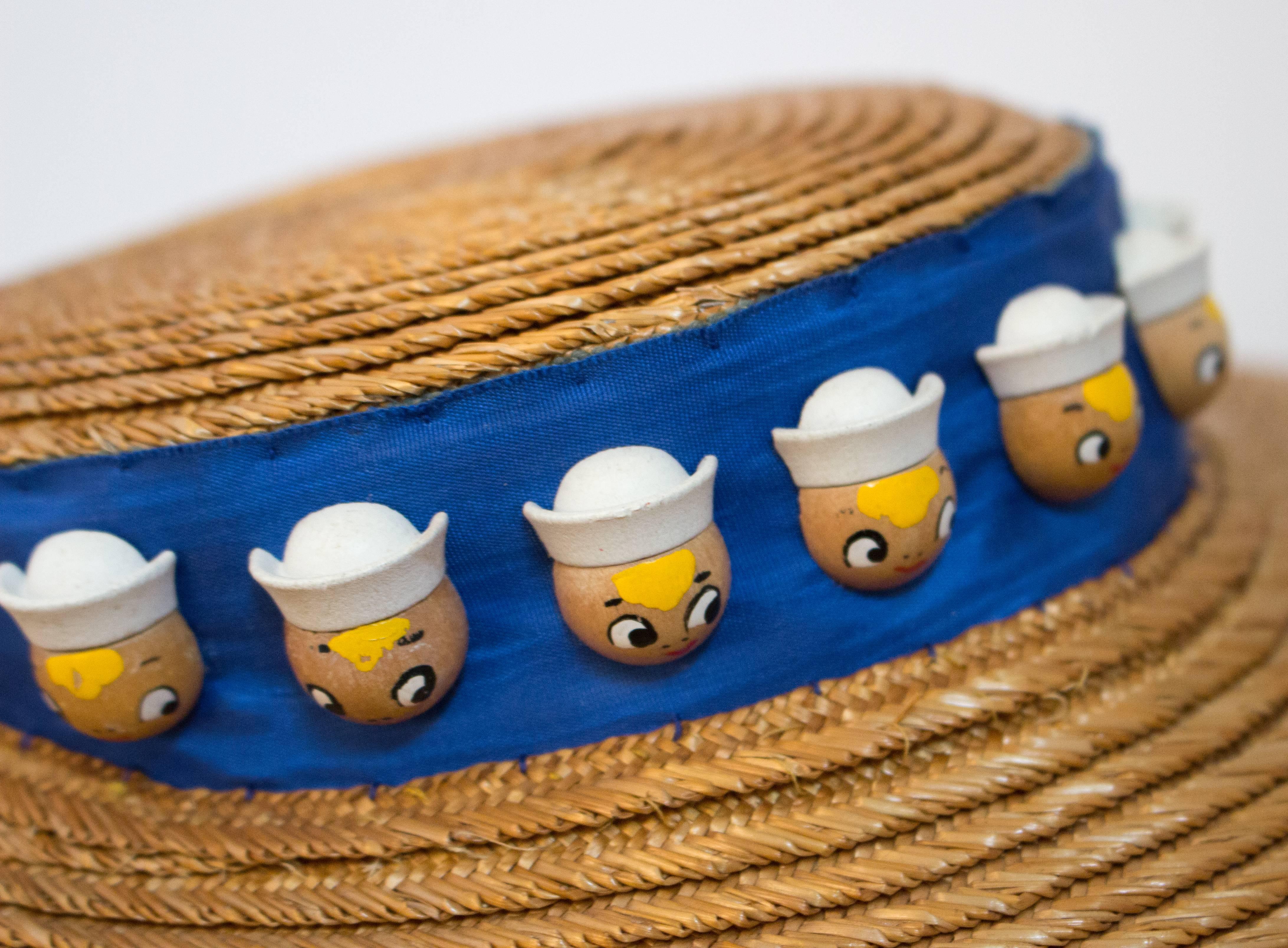 Women's 30s Wide Brim Hat w/ Wooden Sailor Button Detail