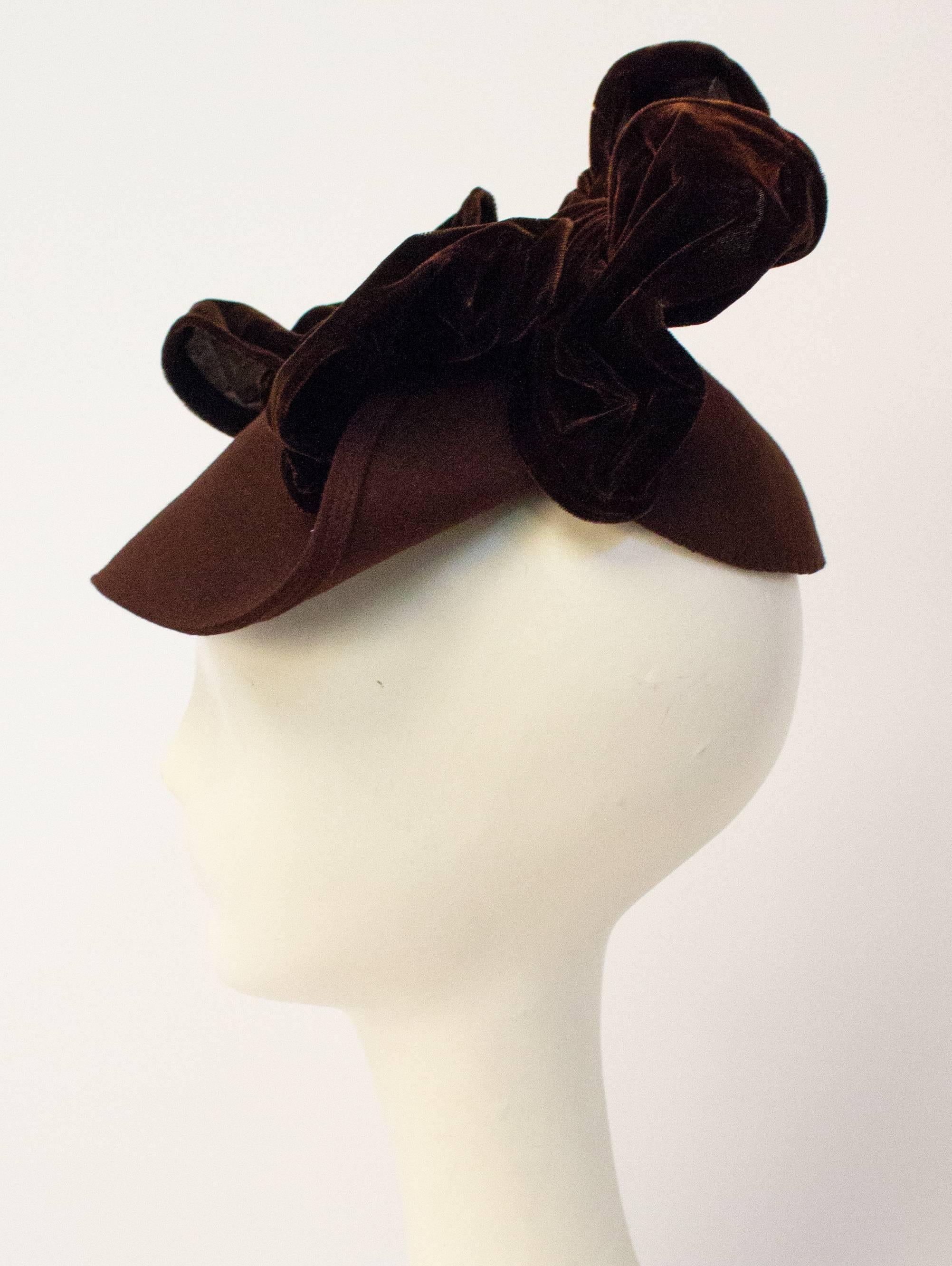 Black 30s Brown Velvet Bow Hat 