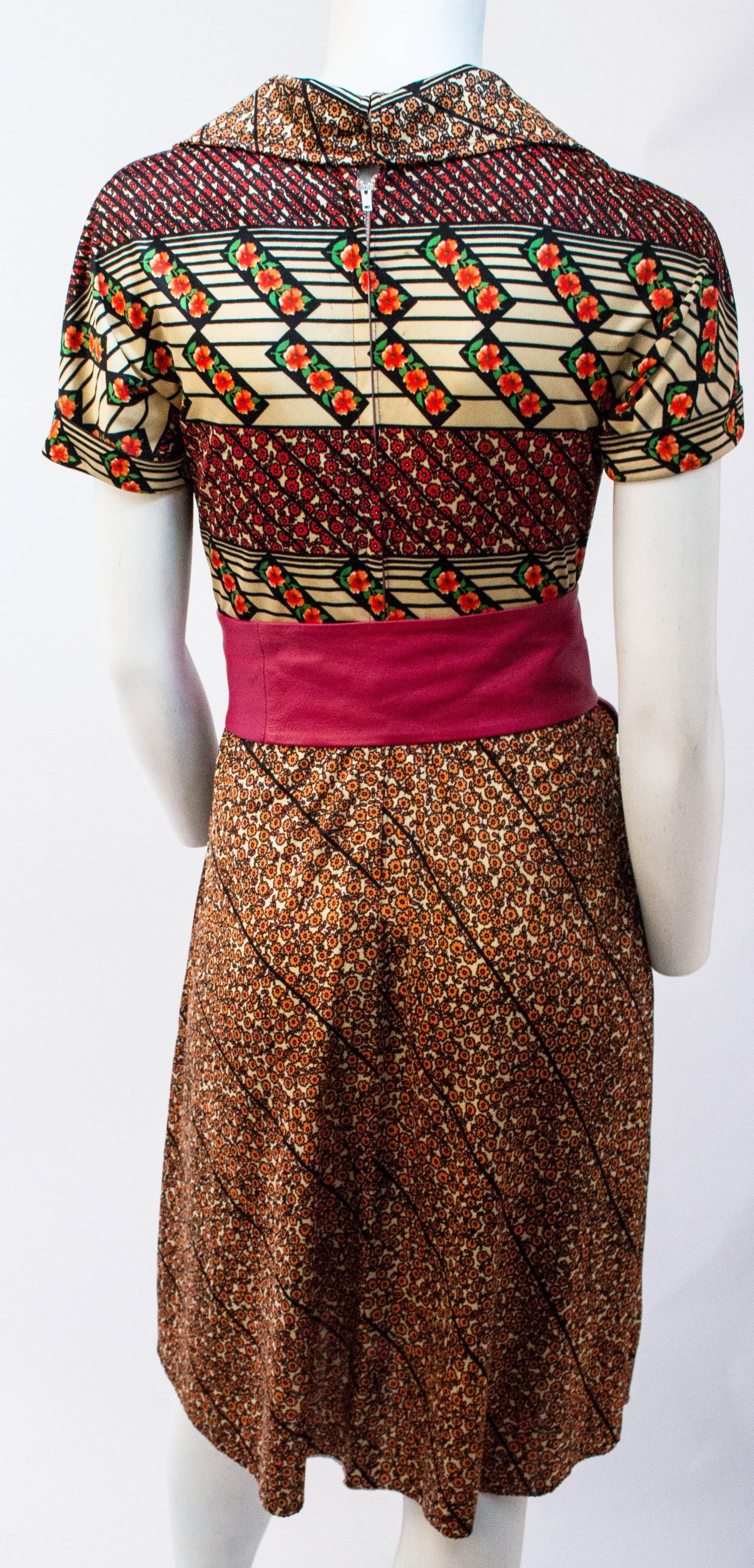 Women's 60s Floral Print Short Sleeve Dress with Magenta Belt