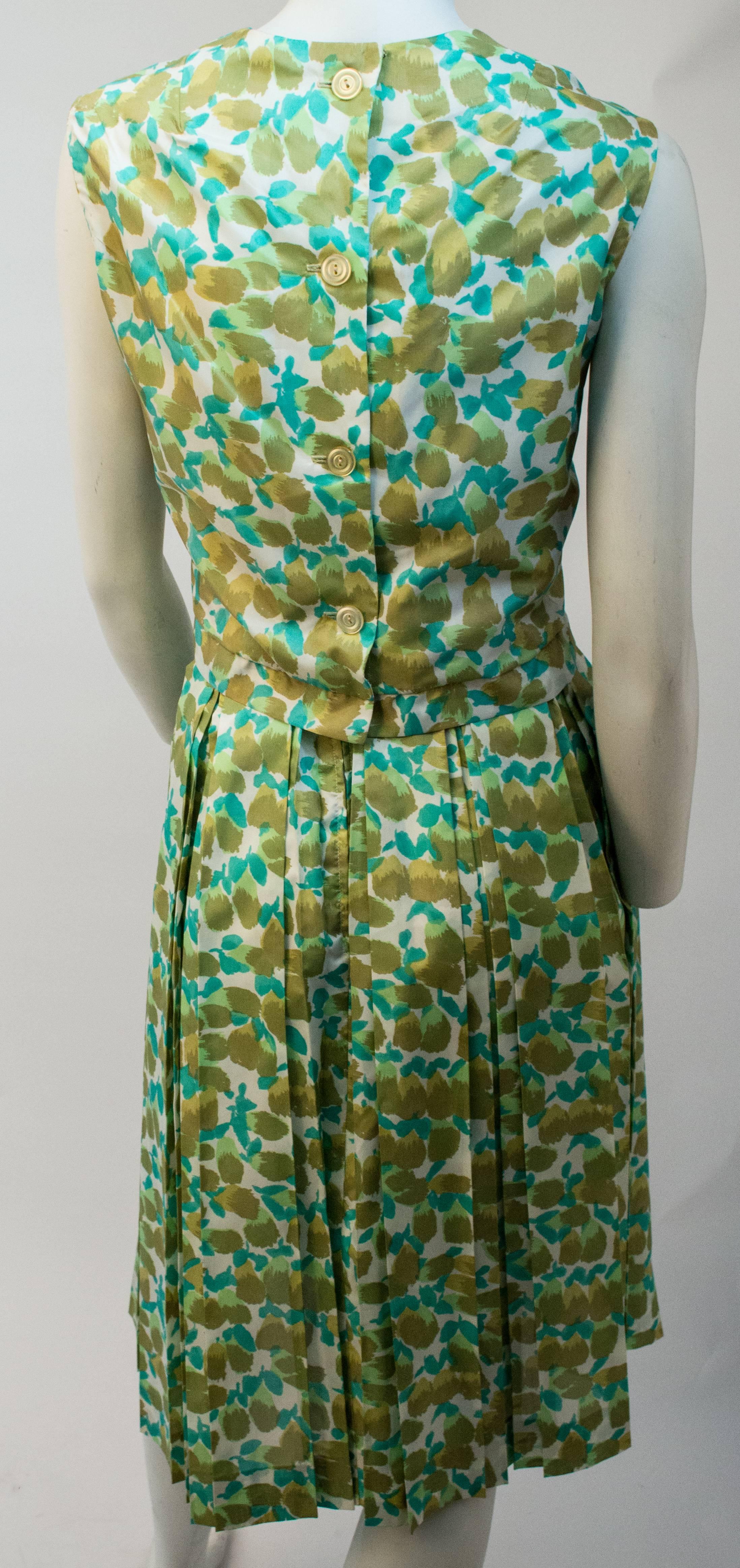 Gray 60s Midi with Knife Pleat Skirt Two Piece Formal Summer Set Green Abstract Print