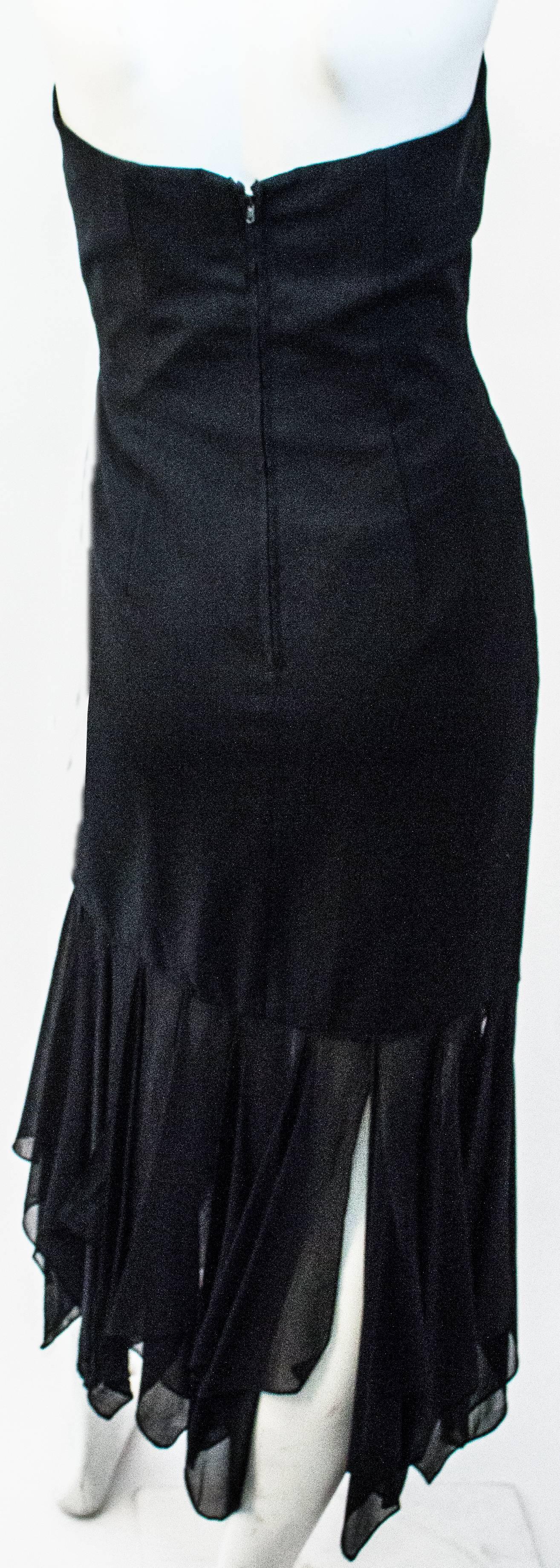 80s I Magnin Black Strapless Dress with Handkerchief Chiffon Hem.