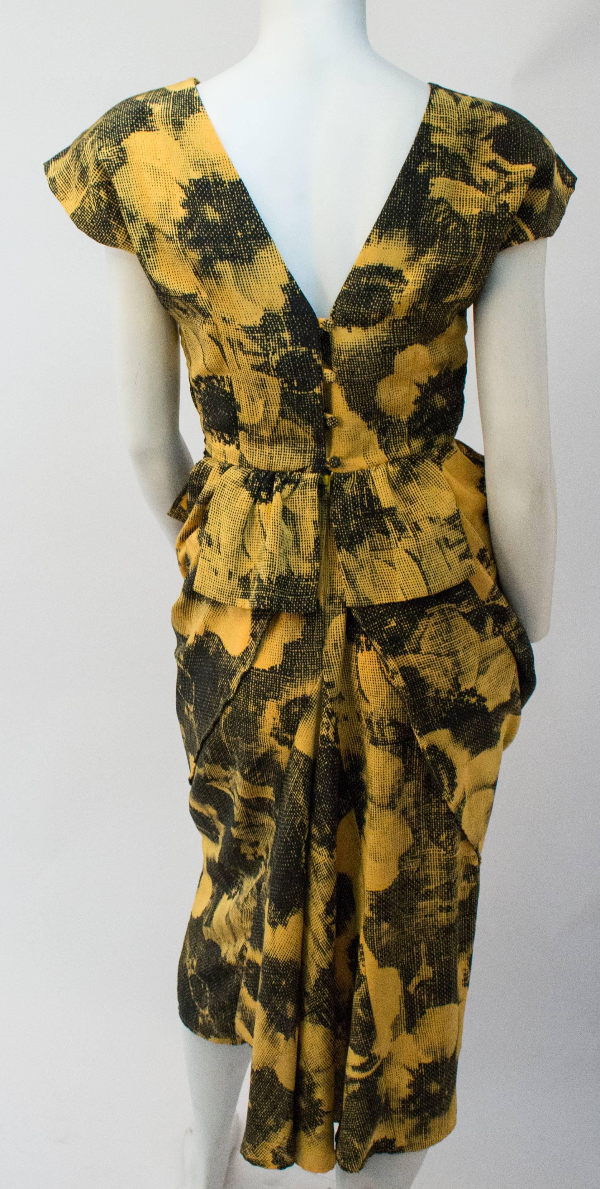 Brown 80s Black and Yellow Ben-Day dots Print Dress 