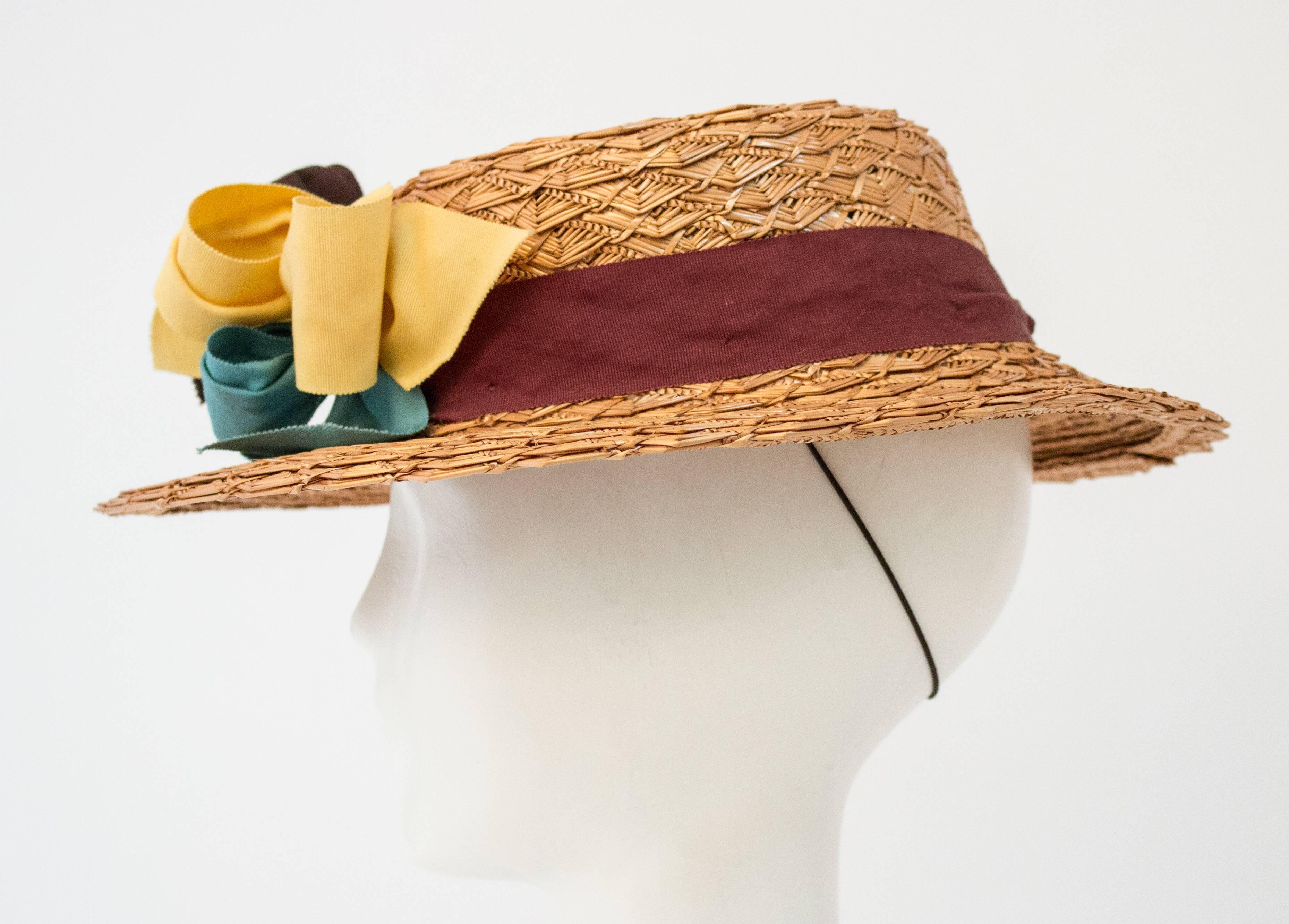 Brown 30s Straw Multi Colored Ribbon Hat