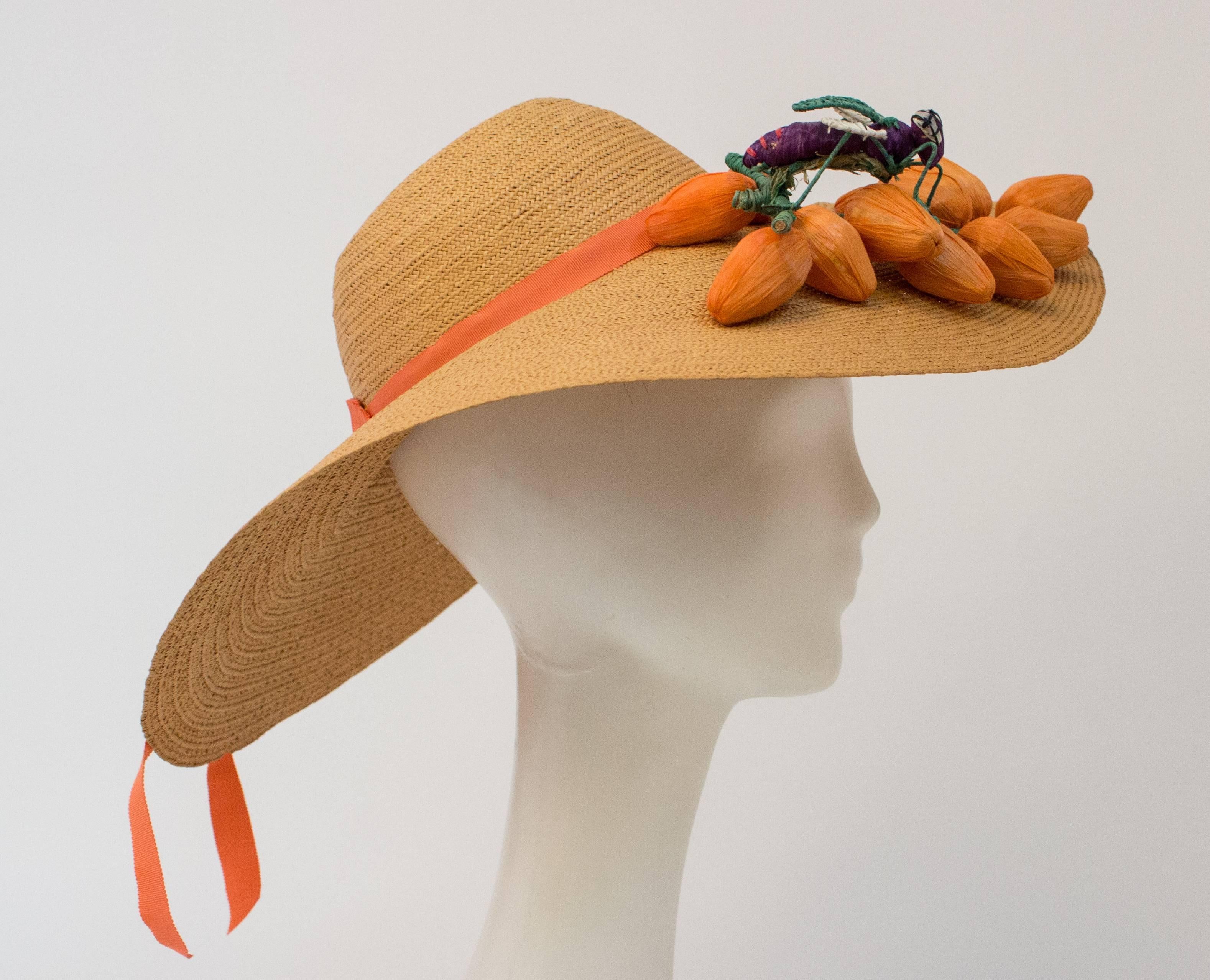 40s Straw Picture Hat Embellished with Handmade Straw Fruit and Oversized Horse Fly