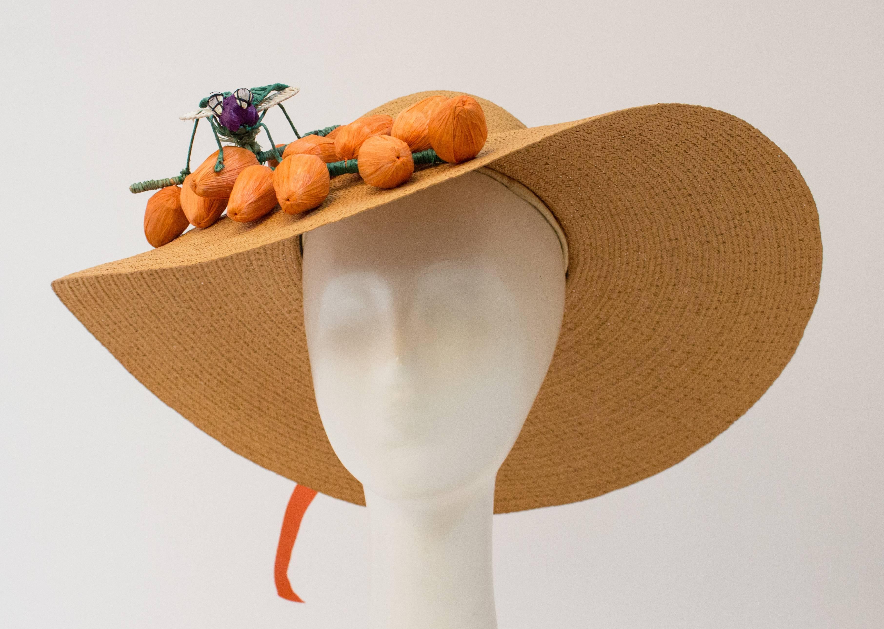 Orange 40s Straw Picture Hat Embellished with Handmade Fruit and Oversize Horse Fly