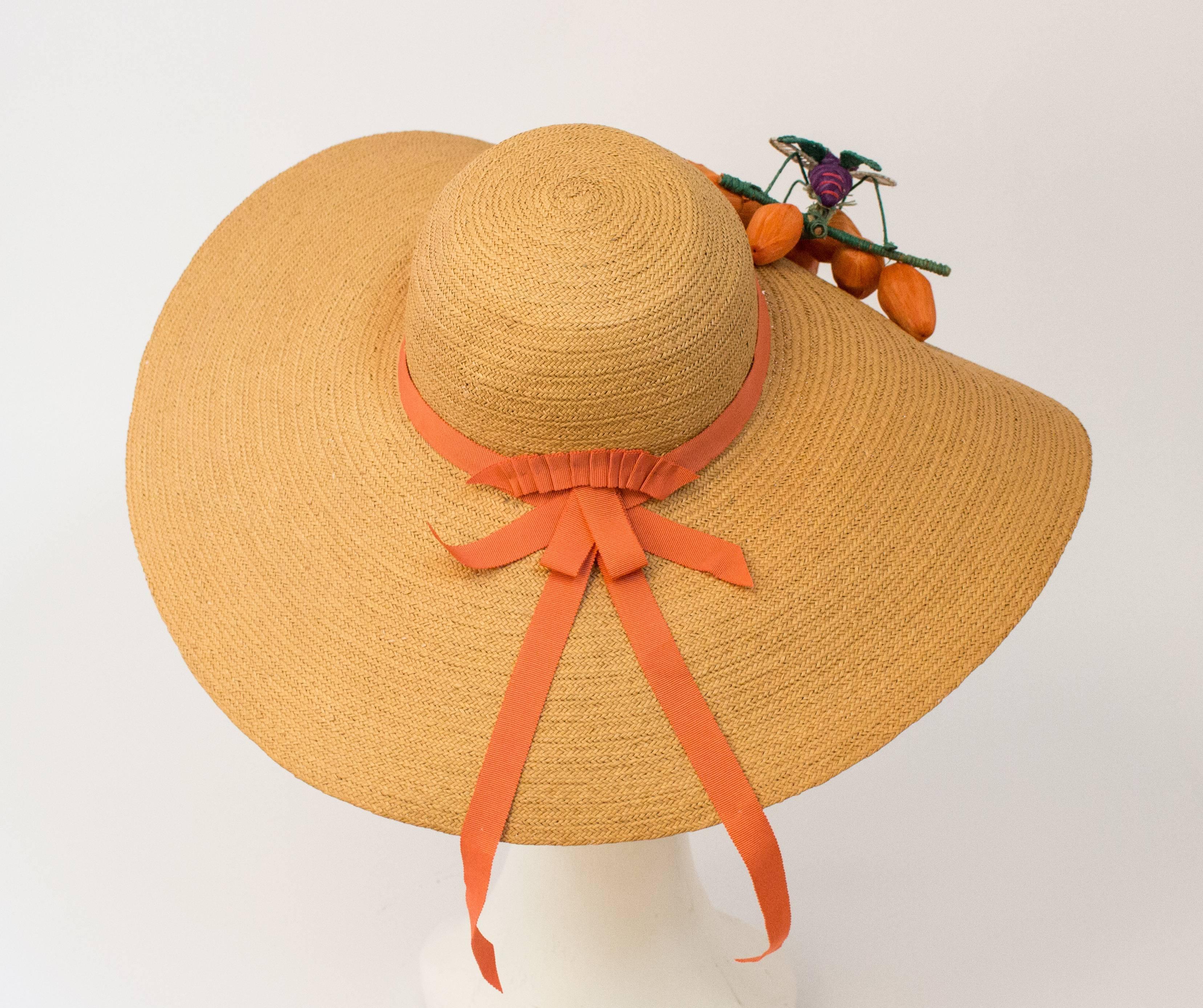 40s Straw Picture Hat Embellished with Handmade Fruit and Oversize Horse Fly In Excellent Condition In San Francisco, CA
