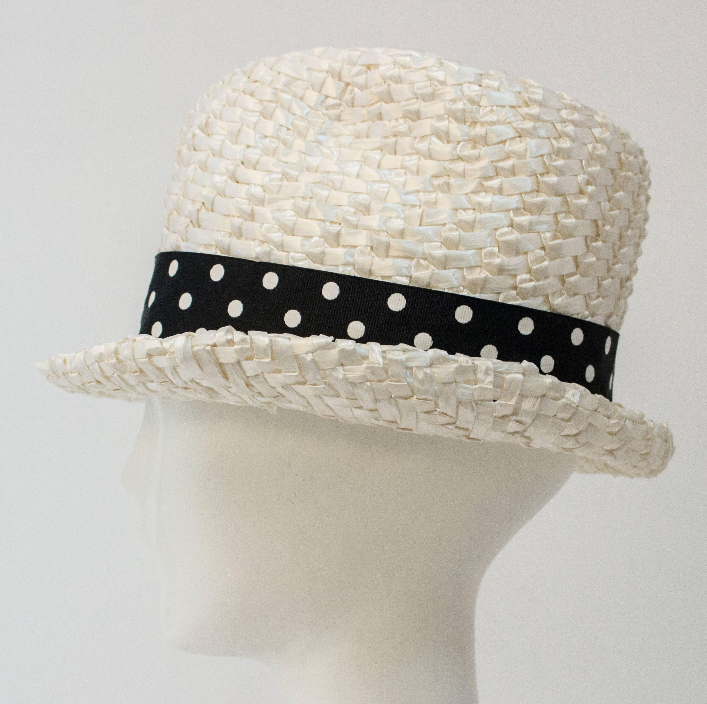 Women's 60s White Straw Hat with Polka Dot Hat Band For Sale