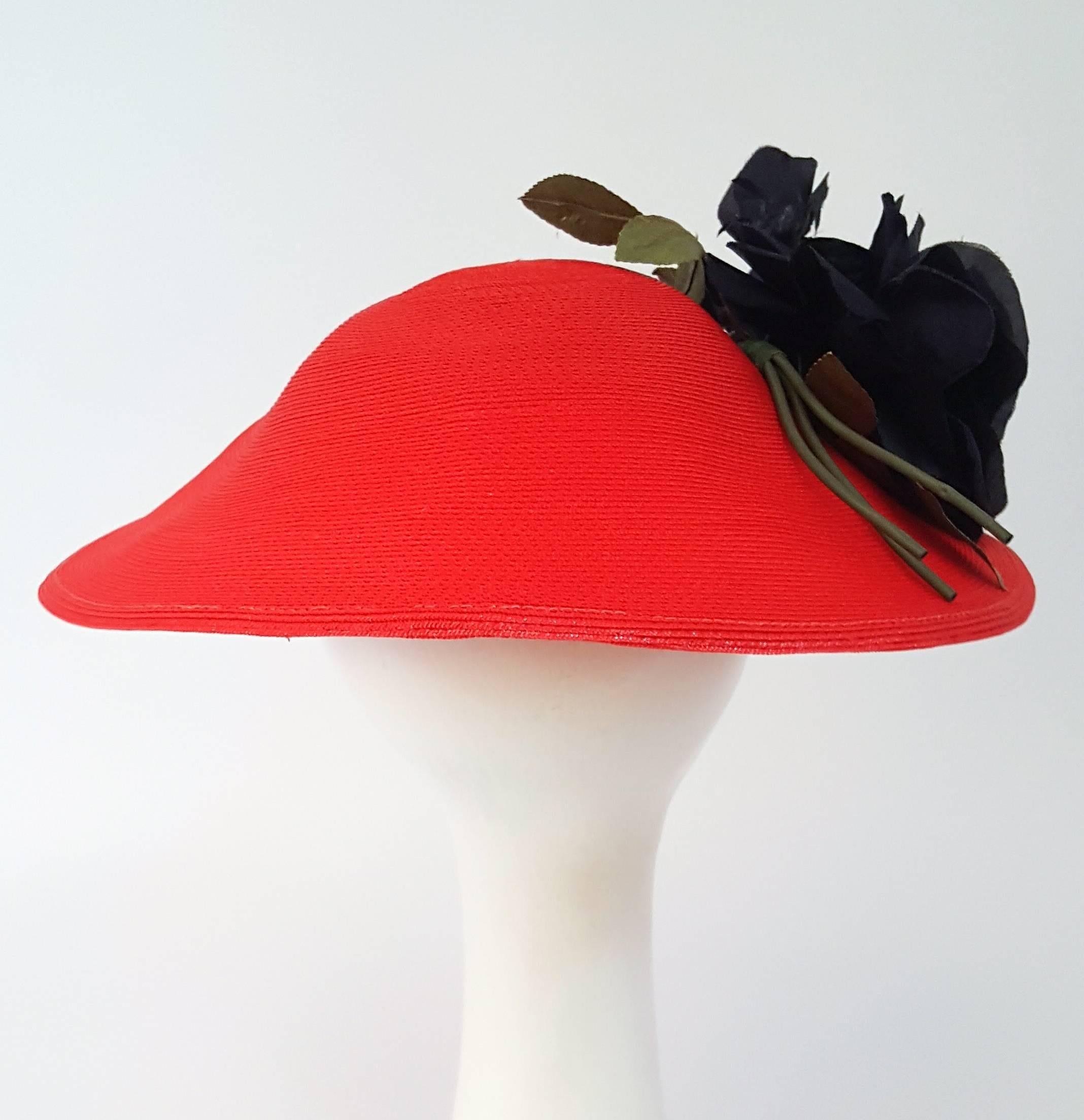 Women's 1950s Joseph Magnin Red Dish Hat w/ Black Rose