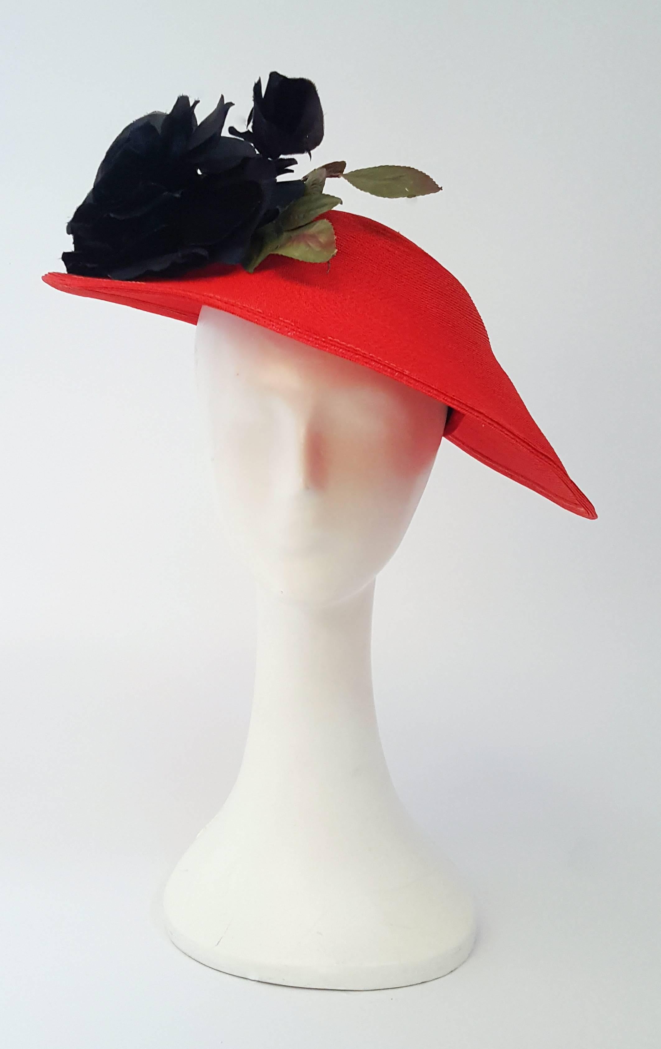1950s Joseph Magnin Red Dish Hat w/ Black Rose 1