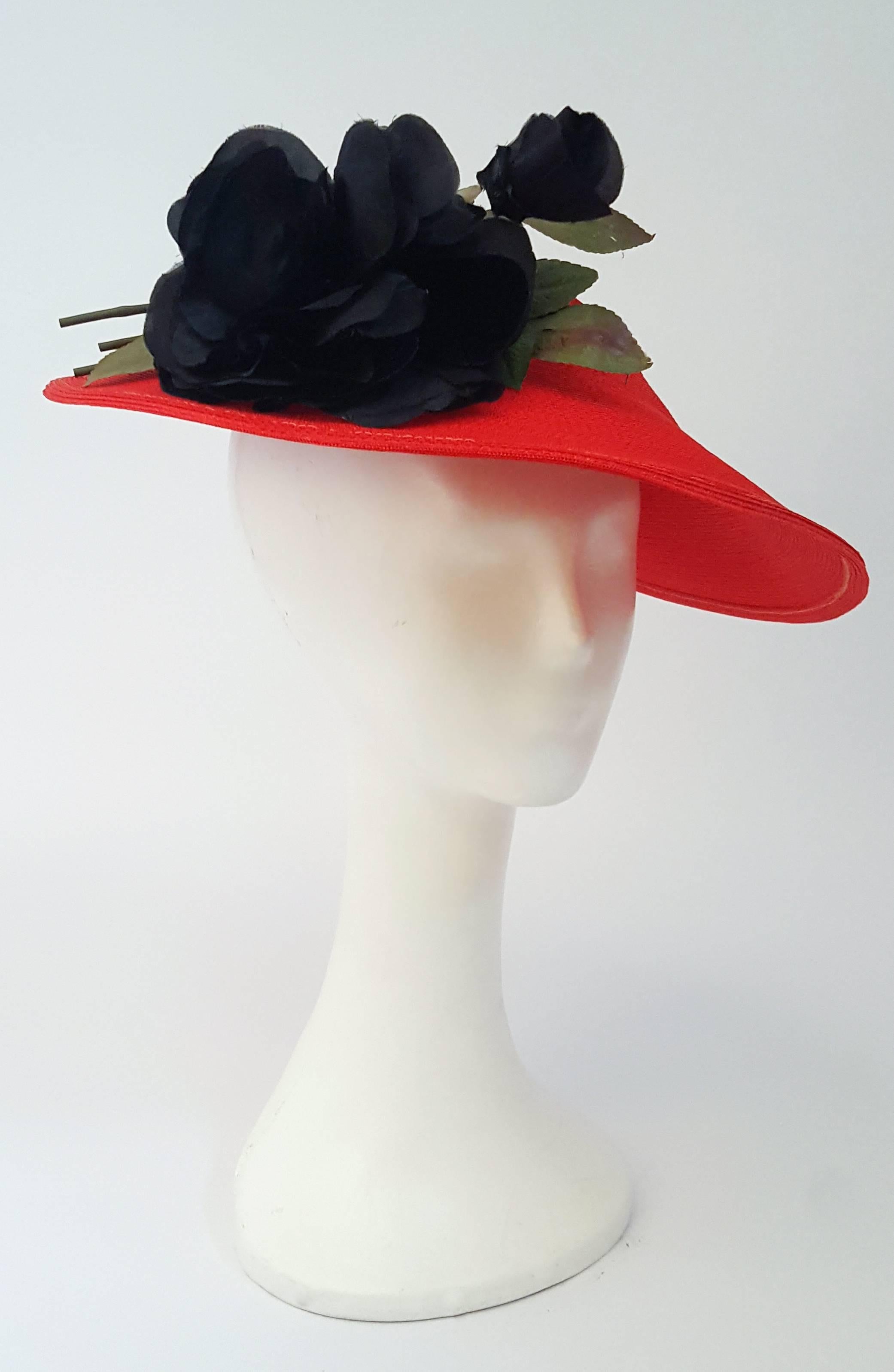 1950s Joseph Magnin Red Dish Hat w/ Black Rose 2