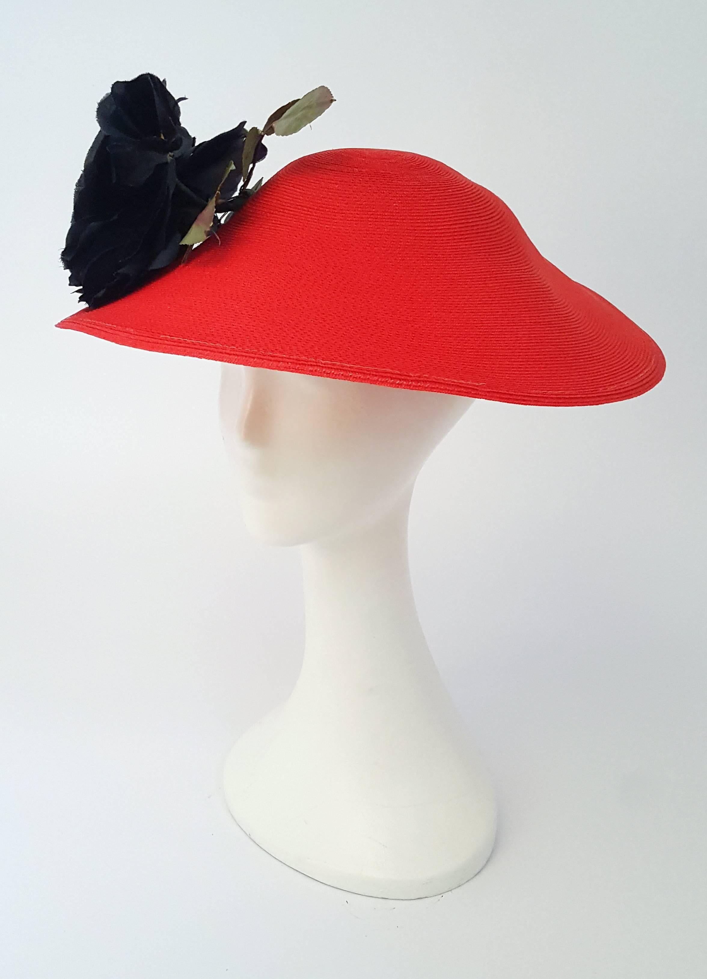 1950s Joseph Magnin Red Dish Hat w/ Black Rose 3