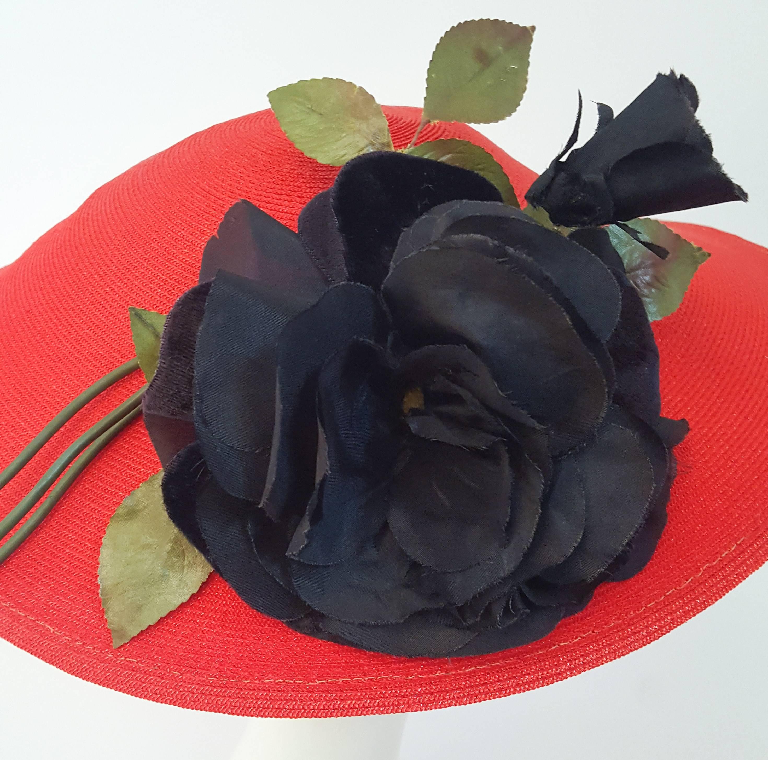 1950s Joseph Magnin Red Dish Hat w/ Black Rose 4