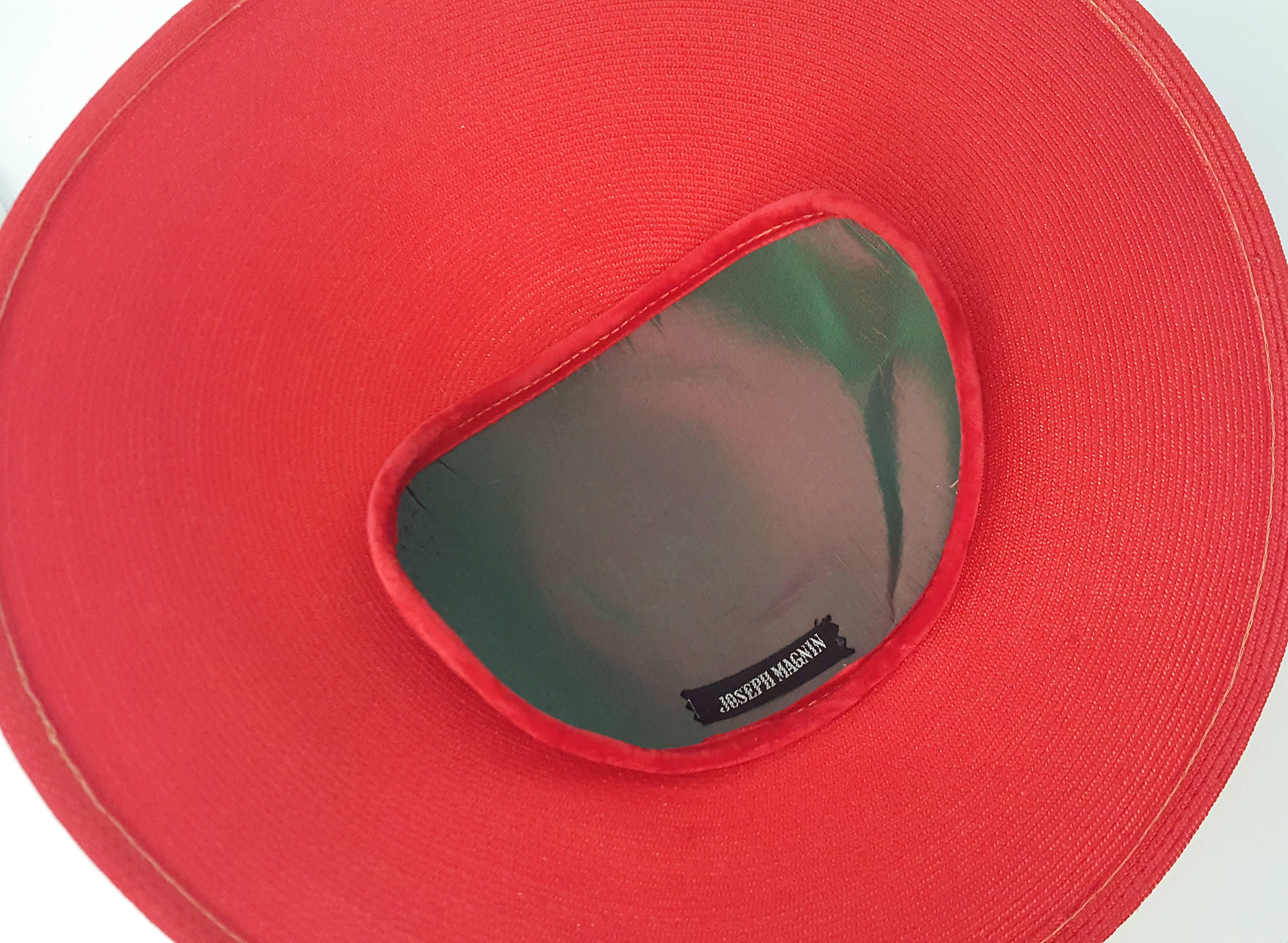 1950s Joseph Magnin Red Dish Hat w/ Black Rose 6