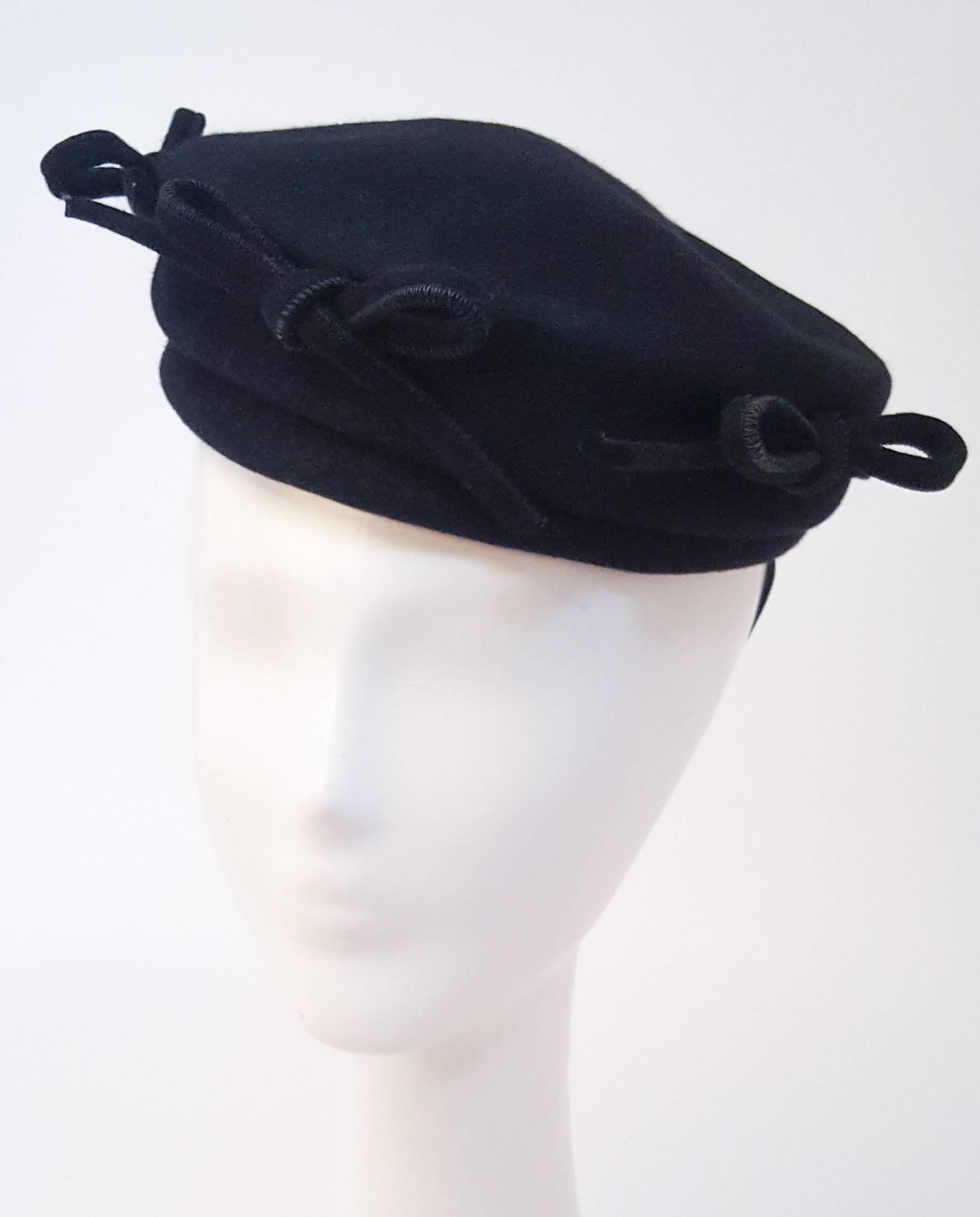 1940s Black Fashion Hat w/ Bows. Held in place with elastic.