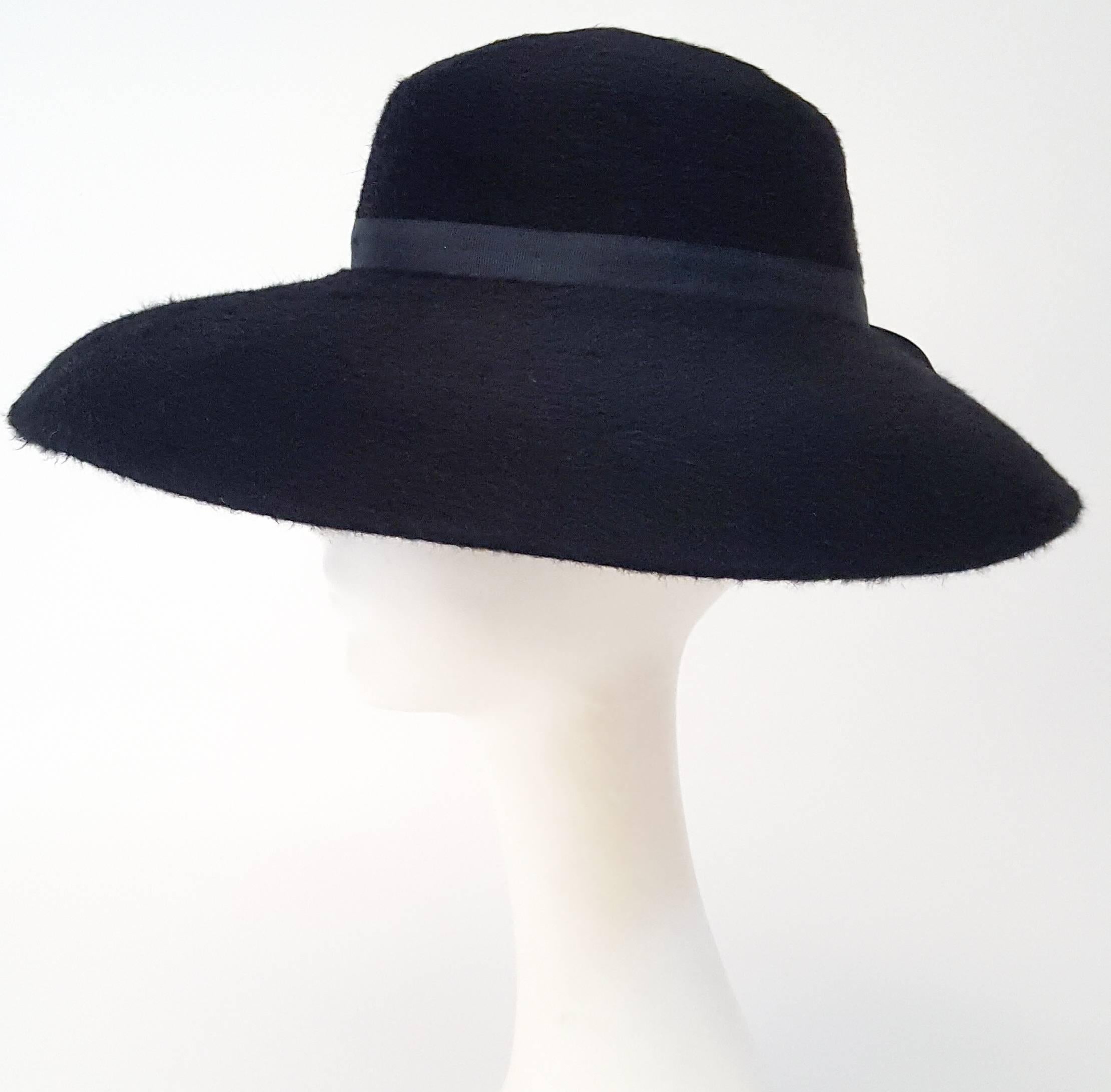 Women's 1960s Black Fur Felt Wide Brimmed Hat