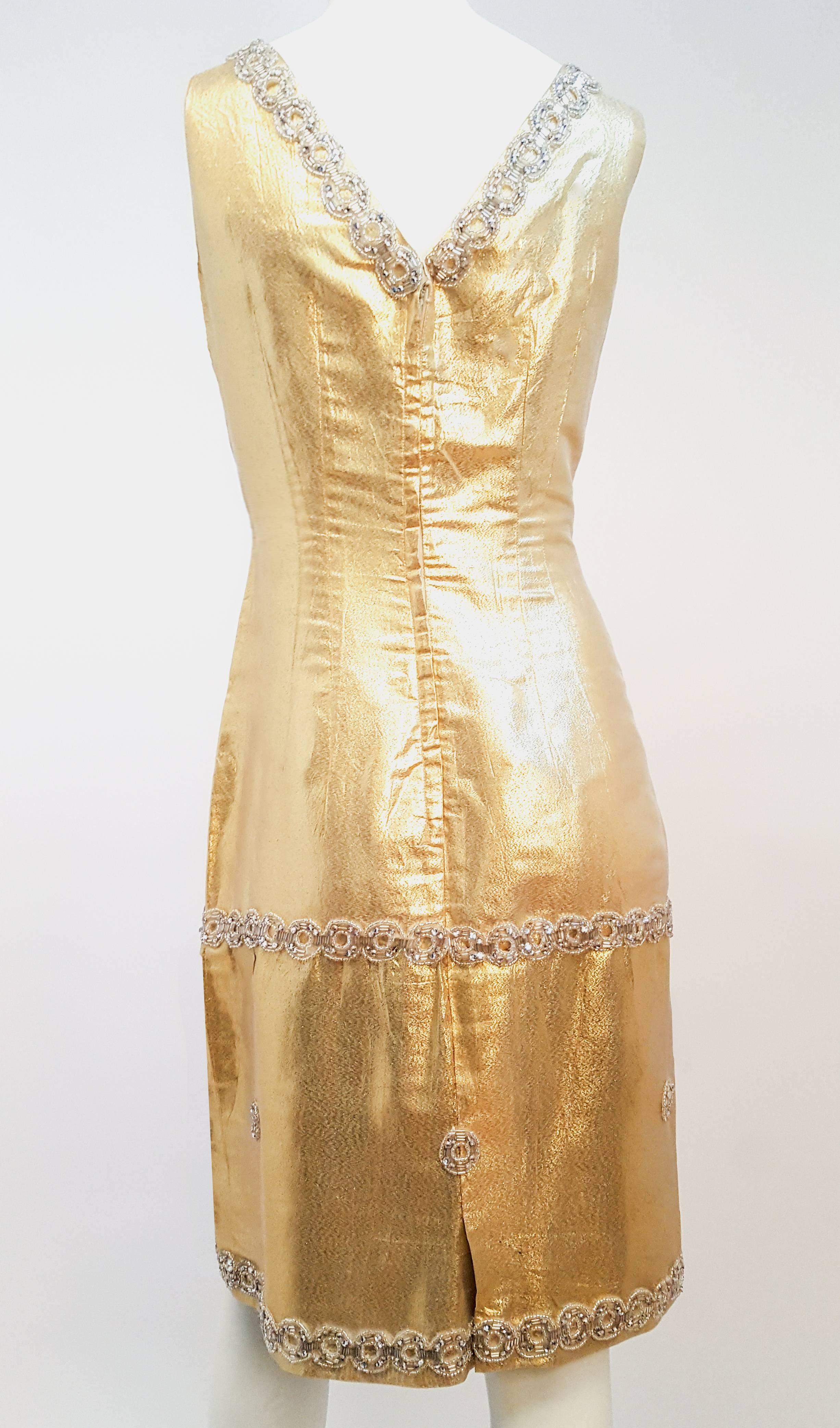 Beige 1960s Gold Lamé Cocktail Dress w/ Silver Beading