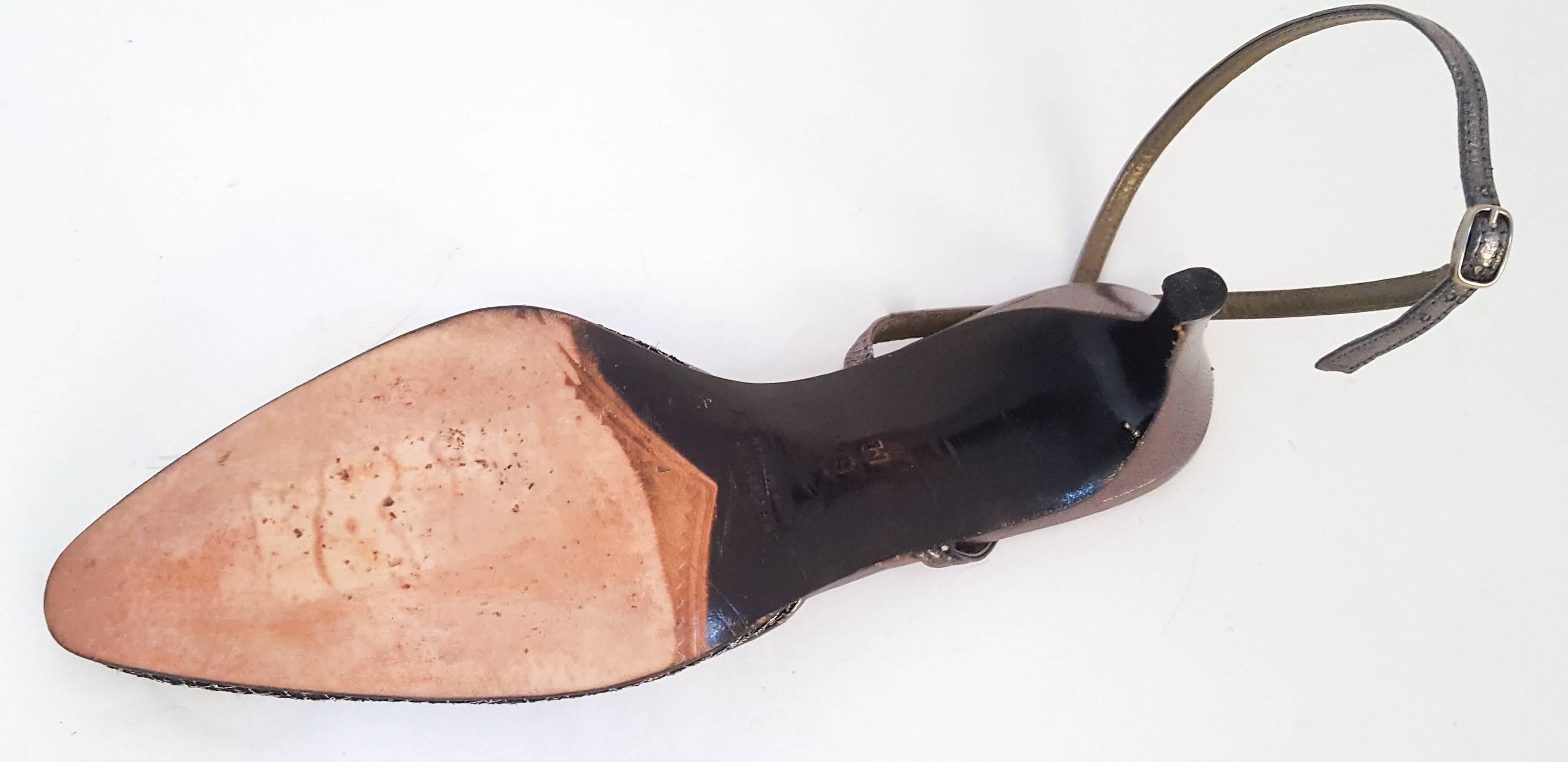 Gray 1990s Yves Saint Laurent Metallic Crossover Slingback Heels For Sale