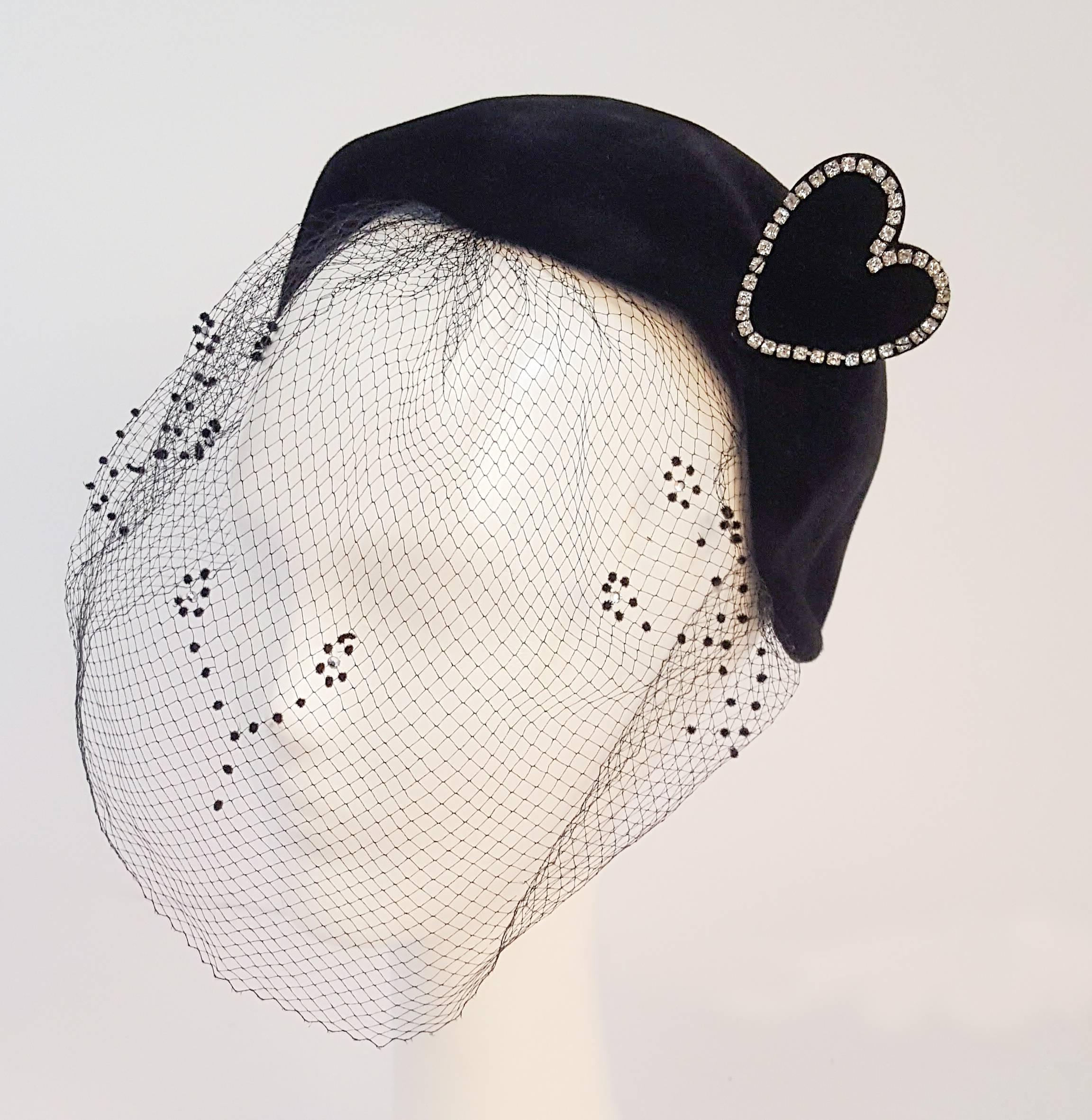 1950s Black Velvet Hat with Rhinestone Heart Embellishment and Veil.